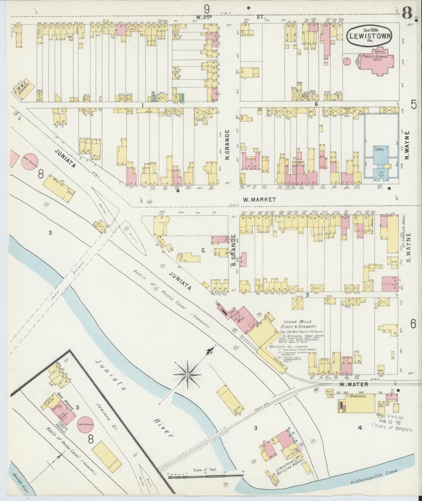 Sanborn Fire Insurance Map from Lewistown, Mifflin County, Pennsylvania (1896), Sheet #0008 - Historic Sanborn Fire Insurance Map Print, vintage old map wall art, antique decor, genealogy gift, Pennsylvania Pennsylvania map