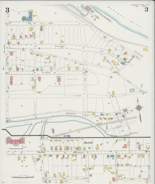 Sanborn Fire Insurance Map from Harpers Ferry, Jefferson County, West Virginia (1933), Sheet #0003 - Historic Sanborn Fire Insurance Map Print, vintage old map wall art, antique decor, genealogy gift, West Virginia West Virginia map