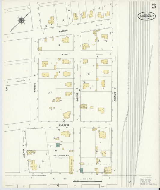 Sanborn Fire Insurance Map from Somerville, Burleson County, Texas (1910), Sheet #0003 - Historic Sanborn Fire Insurance Map Print, vintage old map wall art, antique decor, genealogy gift, Texas Texas map