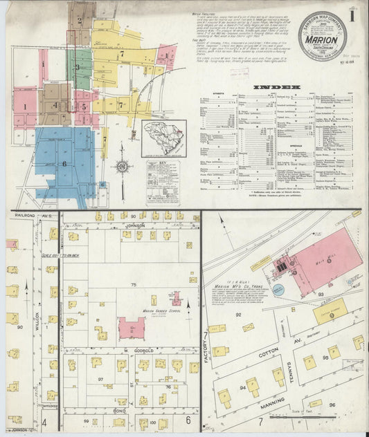 Sanborn Fire Insurance Map from Marion, Marion County, South Carolina (1915), Sheet #0001 - Complete Map Set gallery image, historic Sanborn map, vintage wall art, South Carolina South Carolina