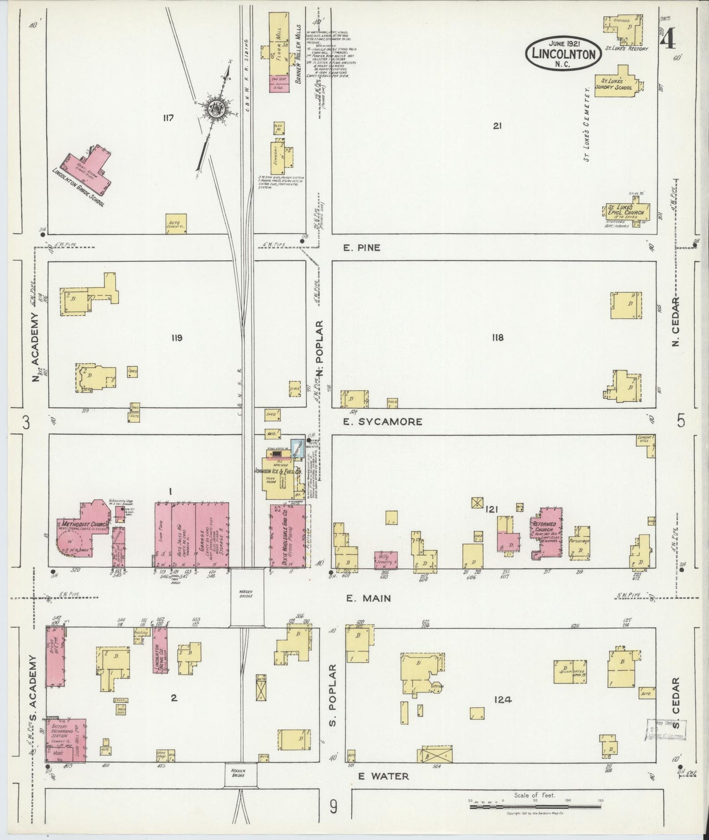 Sanborn Fire Insurance Map from Lincolnton, Lincoln County, North Carolina (1921), Sheet #0004 - Complete Map Set gallery image, historic Sanborn map, vintage wall art, North Carolina North Carolina