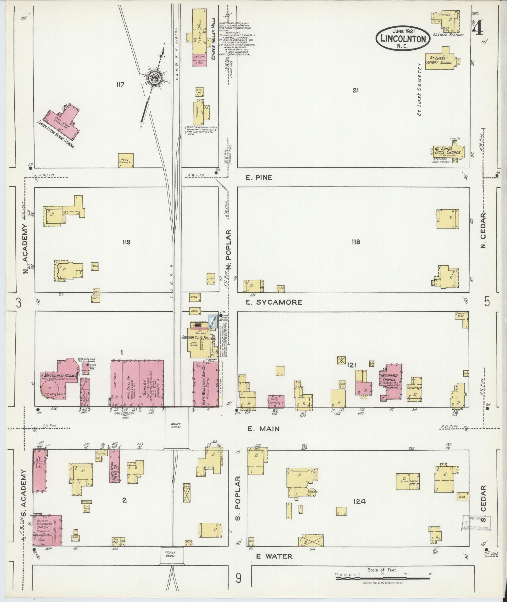 Sanborn Fire Insurance Map from Lincolnton, Lincoln County, North Carolina (1921), Sheet #0004 - Complete Map Set gallery image, historic Sanborn map, vintage wall art, North Carolina North Carolina