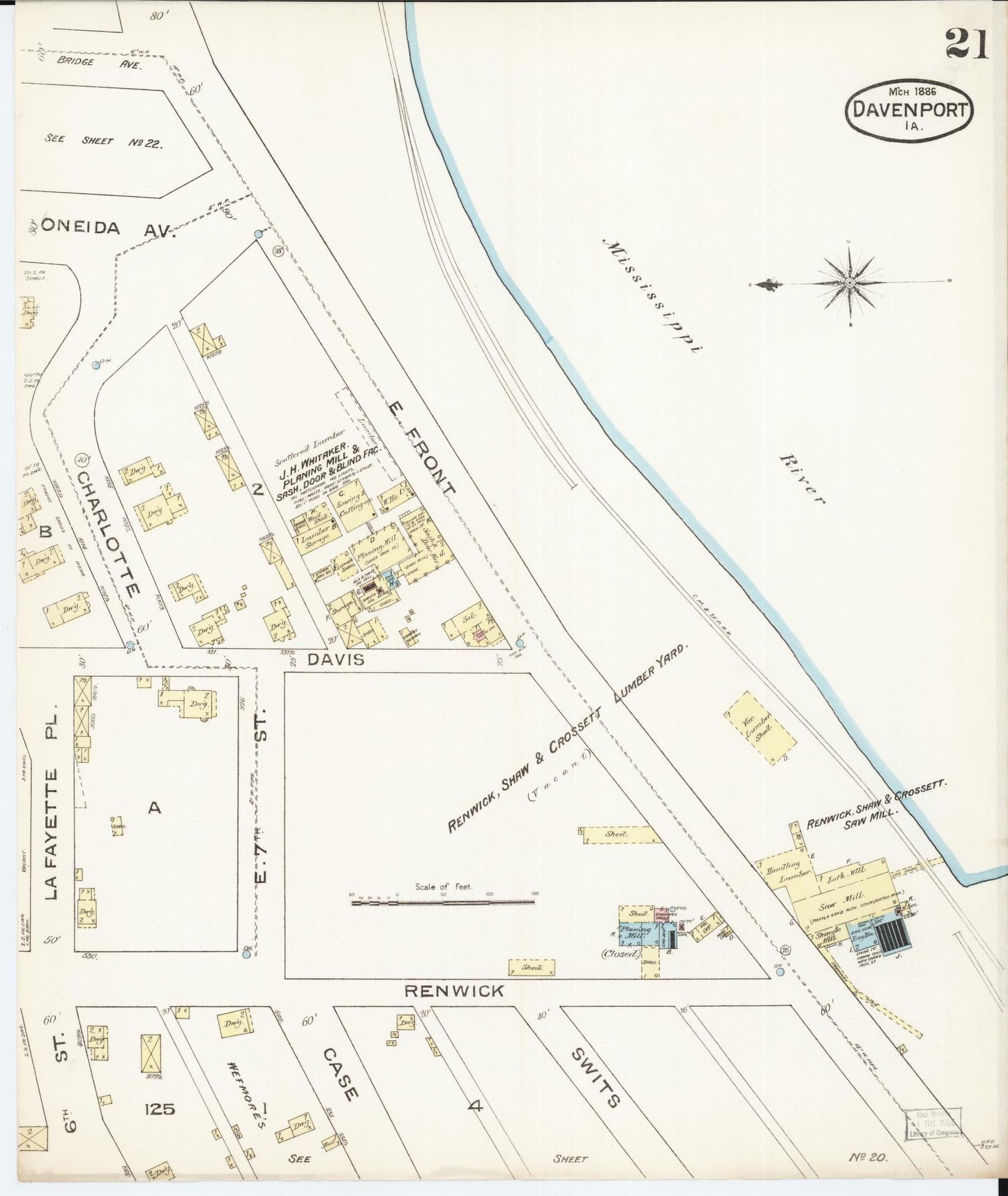 Sanborn Fire Insurance Map from Davenport, Scott County, Iowa (1886), Sheet #0021 - Historic Sanborn Fire Insurance Map Print, vintage old map wall art