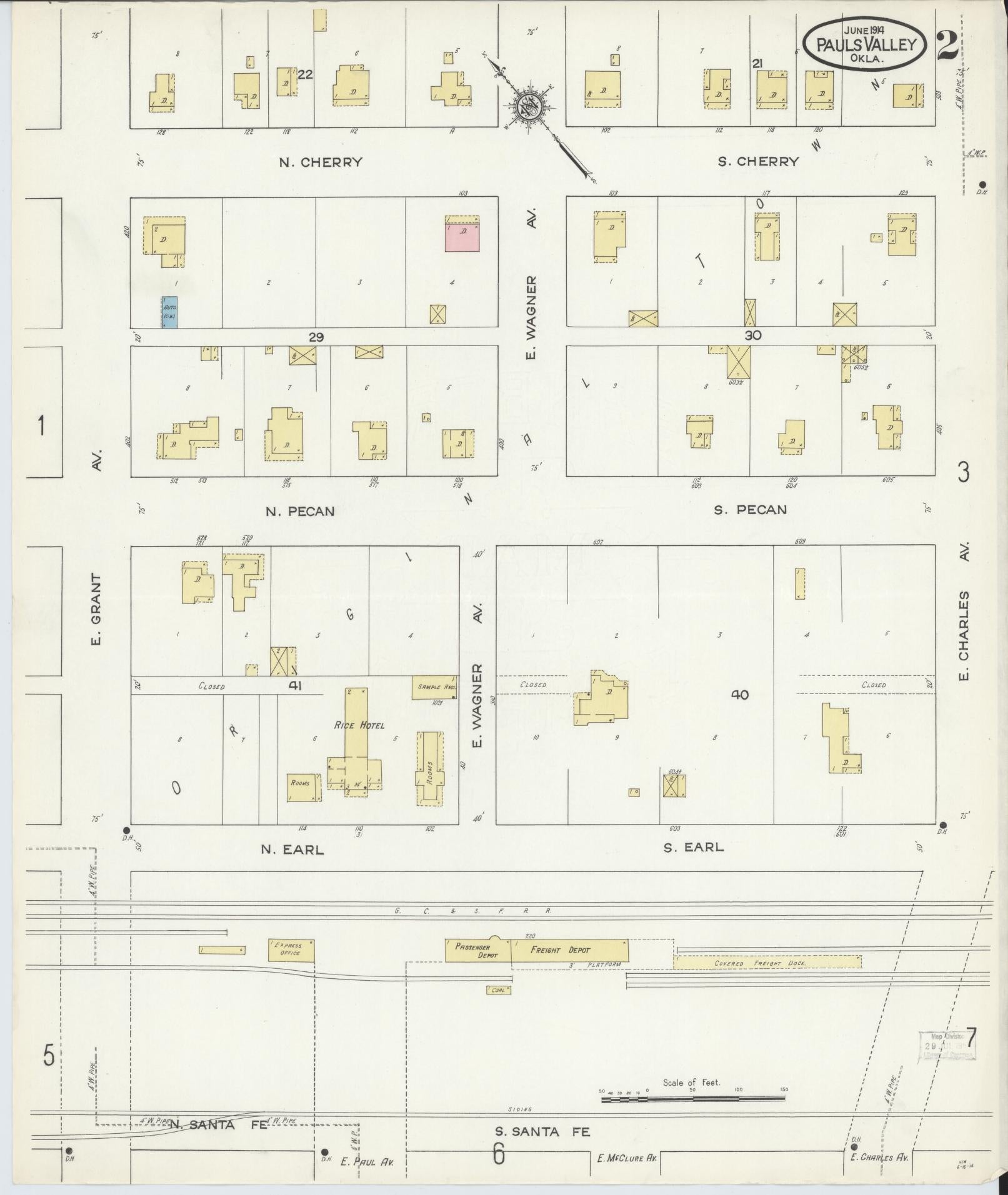 Sanborn Fire Insurance Map from Pauls Valley, Garvin County, Oklahoma (1914), Sheet #0002 - Historic Sanborn Fire Insurance Map Print, vintage old map wall art, antique decor, genealogy gift, Oklahoma Oklahoma map