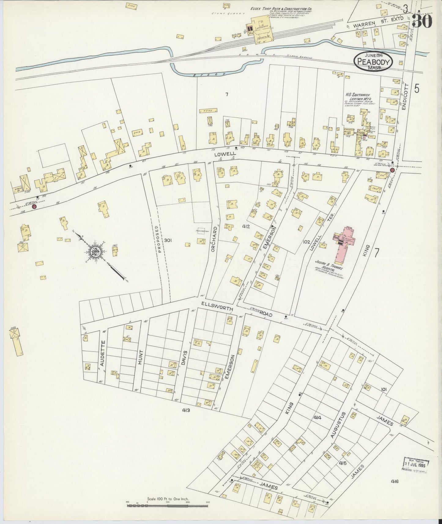 Sanborn Fire Insurance Map from Peabody, Essex County, Massachusetts (1914), Sheet #0030 - Historic Sanborn Fire Insurance Map Print, vintage old map wall art, antique decor, genealogy gift, Massachusetts Massachusetts map