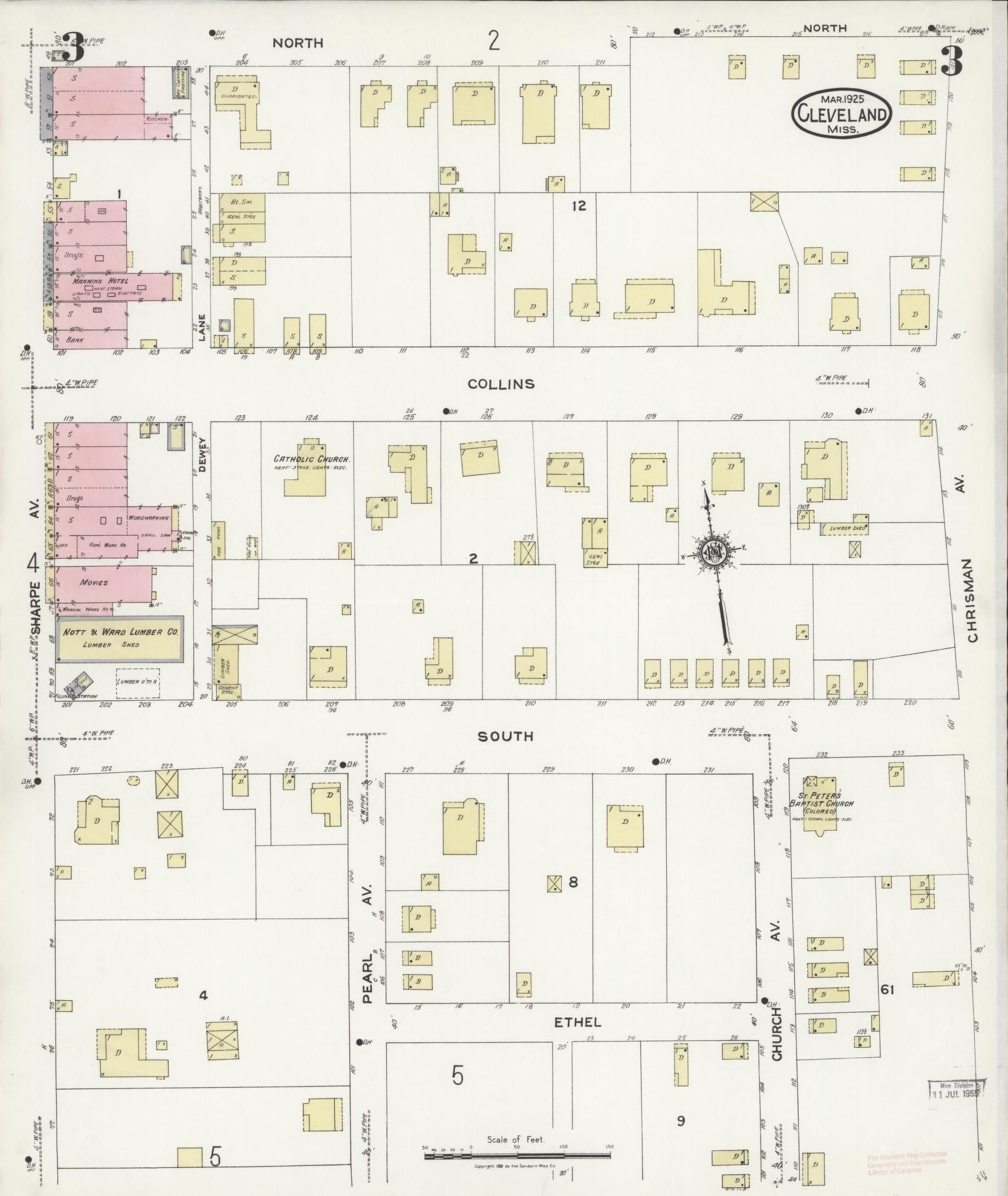 Sanborn Fire Insurance Map from Cleveland, Bolivar County, Mississippi (1925), Sheet #0003 - Historic Sanborn Fire Insurance Map Print, vintage old map wall art, antique decor, genealogy gift, Mississippi Mississippi map