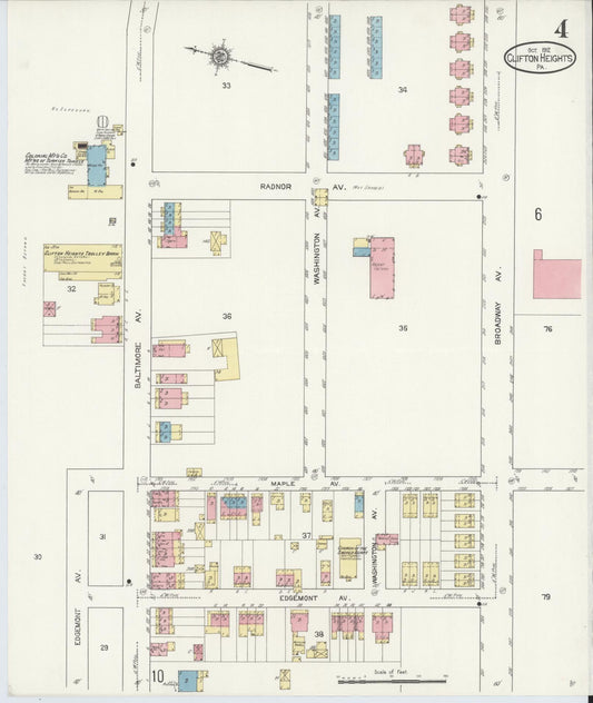 Sanborn Fire Insurance Map from Clifton Heights, Delaware County, Pennsylvania (1912), Sheet #0004 - Historic Sanborn Fire Insurance Map Print, vintage old map wall art, antique decor, genealogy gift, Clifton Heights Delaware map