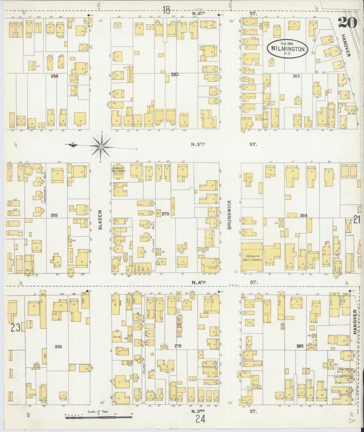 Sanborn Fire Insurance Map from Wilmington, New Hanover County, North Carolina (1904), Sheet #0020 - Complete Map Set gallery image, historic Sanborn map, vintage wall art, North Carolina North Carolina