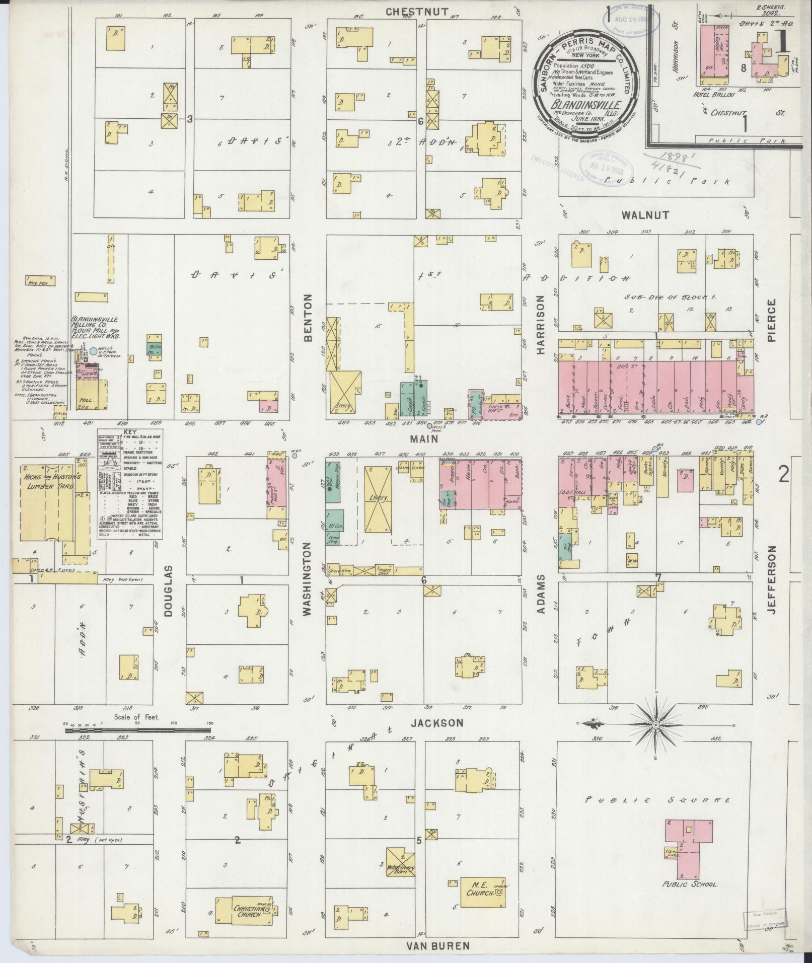 Sanborn Fire Insurance Map from Blandinsville, Mcdonough County, Illinois (1898), Sheet #0001 - Complete Map Set gallery image, historic Sanborn map, vintage wall art, Illinois Illinois