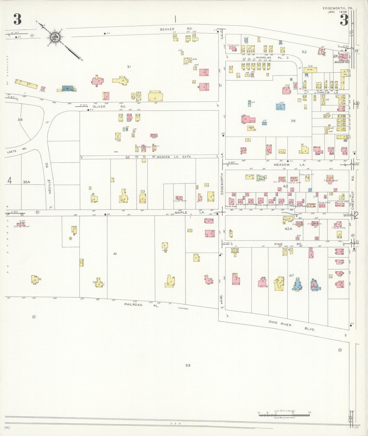 Sanborn Fire Insurance Map from Edgeworth, Allegheny County, Pennsylvania (1938), Sheet #0003 - Complete Map Set gallery image, historic Sanborn map, vintage wall art, Pennsylvania Pennsylvania