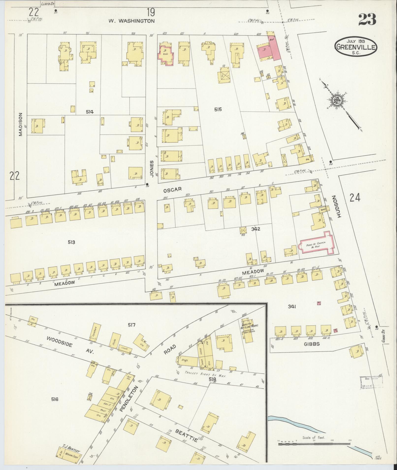 Sanborn Fire Insurance Map from Greenville, Greenville County, South Carolina (1913), Sheet #0023 - Complete Map Set gallery image, historic Sanborn map, vintage wall art, South Carolina South Carolina
