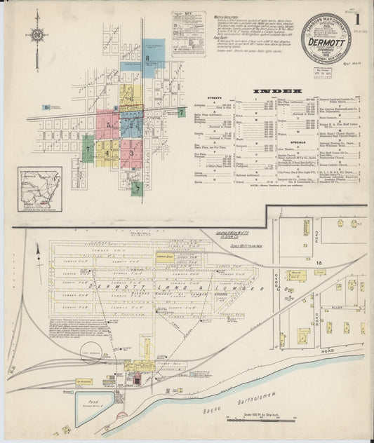 Sanborn Fire Insurance Map from Dermott, Chicot County, Arkansas (1915), Sheet #0001 - Historic Sanborn Fire Insurance Map Print, vintage old map wall art, antique decor, genealogy gift, Arkansas Arkansas map
