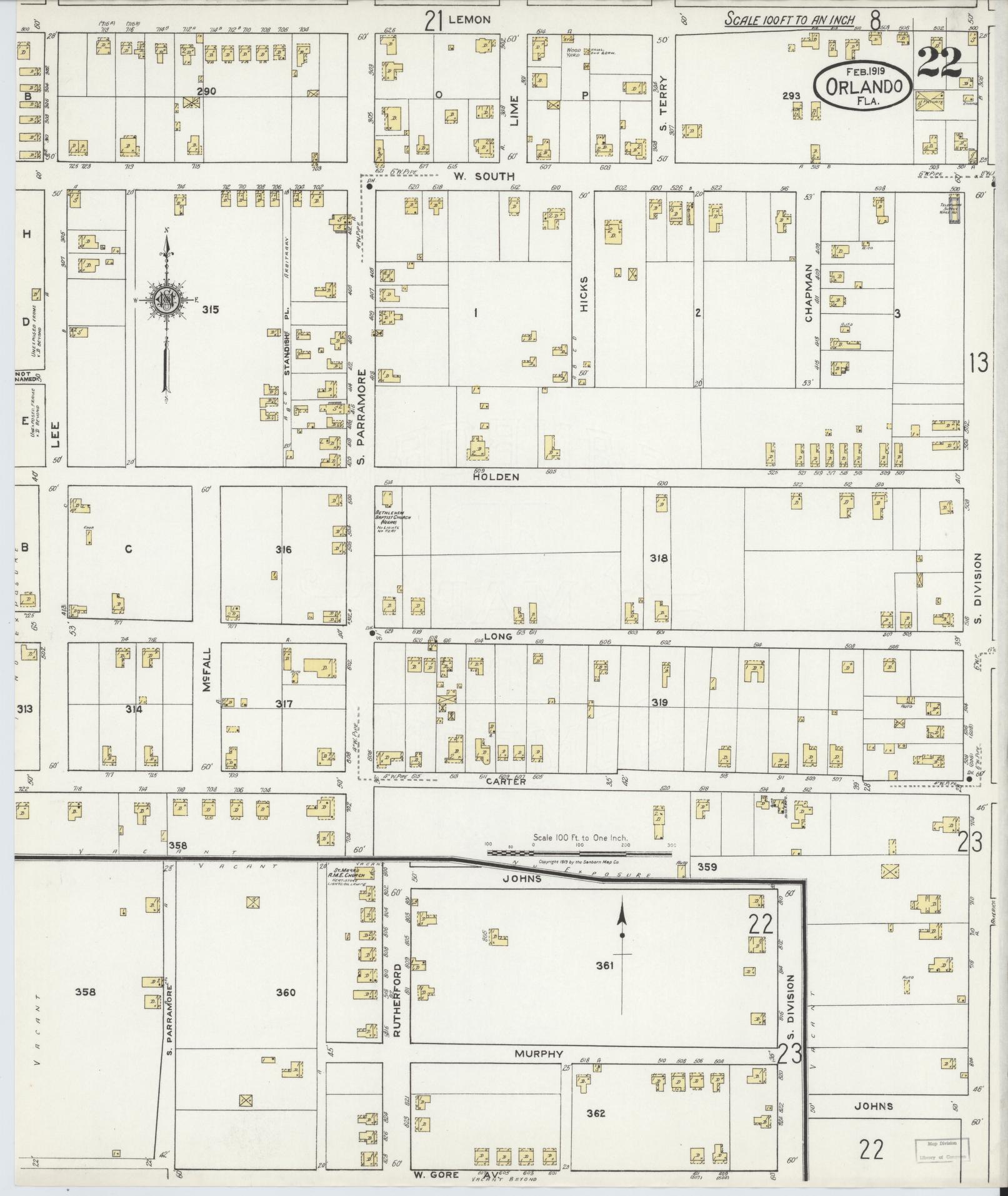 Sanborn Fire Insurance Map from Orlando, Orange County, Florida (1919), Sheet #0022 - Complete Map Set gallery image, historic Sanborn map, vintage wall art, Florida Florida