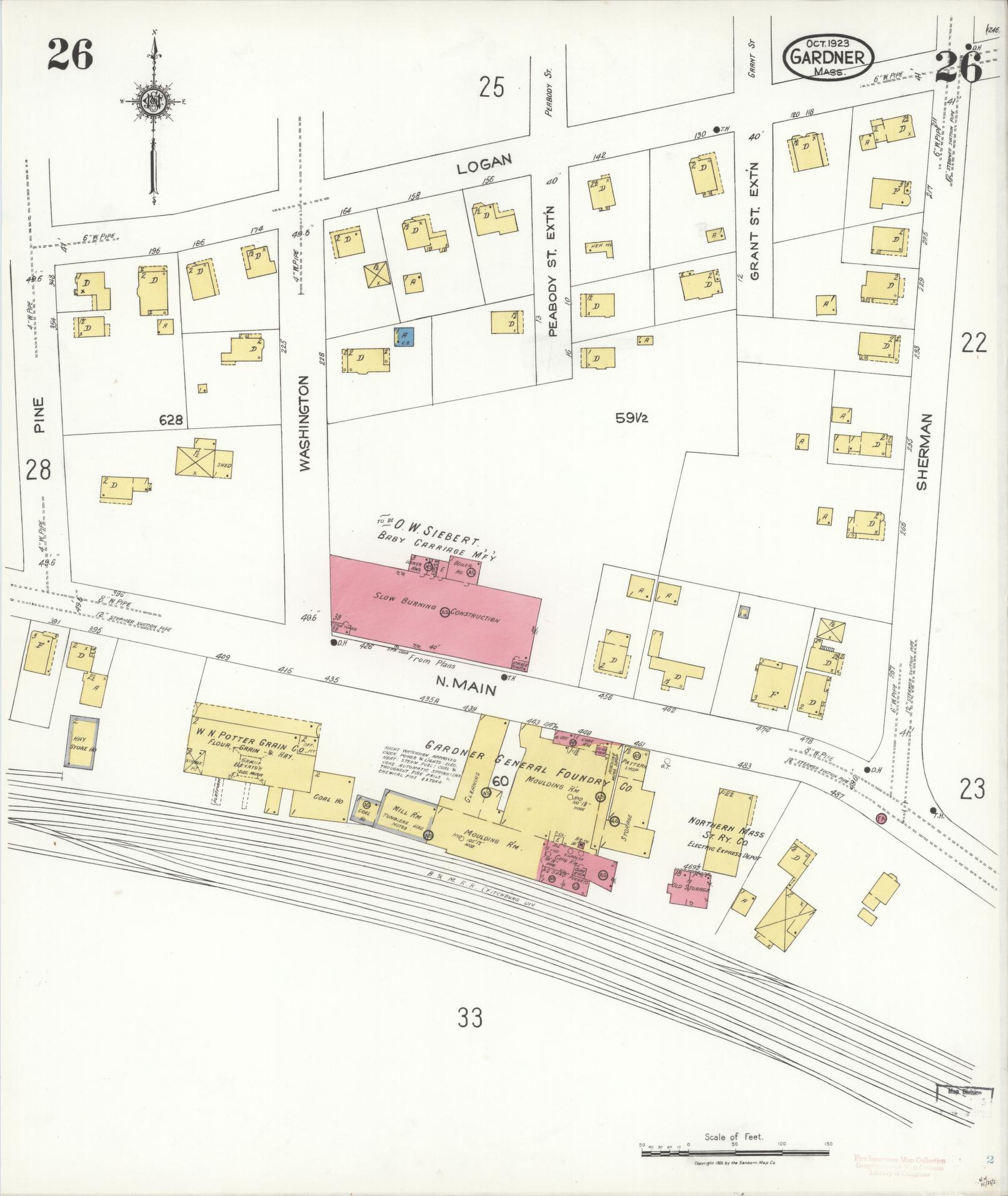 Sanborn Fire Insurance Map from Gardner, Worcester County, Massachusetts (1923), Sheet #0026 - Historic Sanborn Fire Insurance Map Print, vintage old map wall art, antique decor, genealogy gift, Massachusetts Massachusetts map