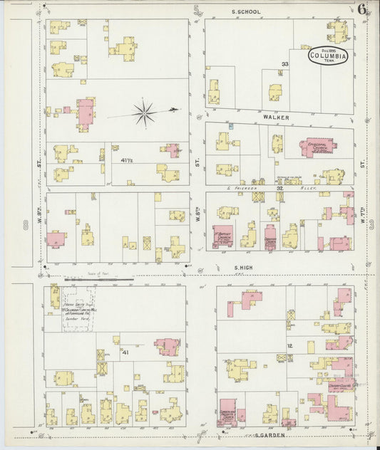 Sanborn Fire Insurance Map from Columbia, Maury County, Tennessee (1895), Sheet #0006 - Historic Sanborn Fire Insurance Map Print, vintage old map wall art, antique decor, genealogy gift, Tennessee Tennessee map