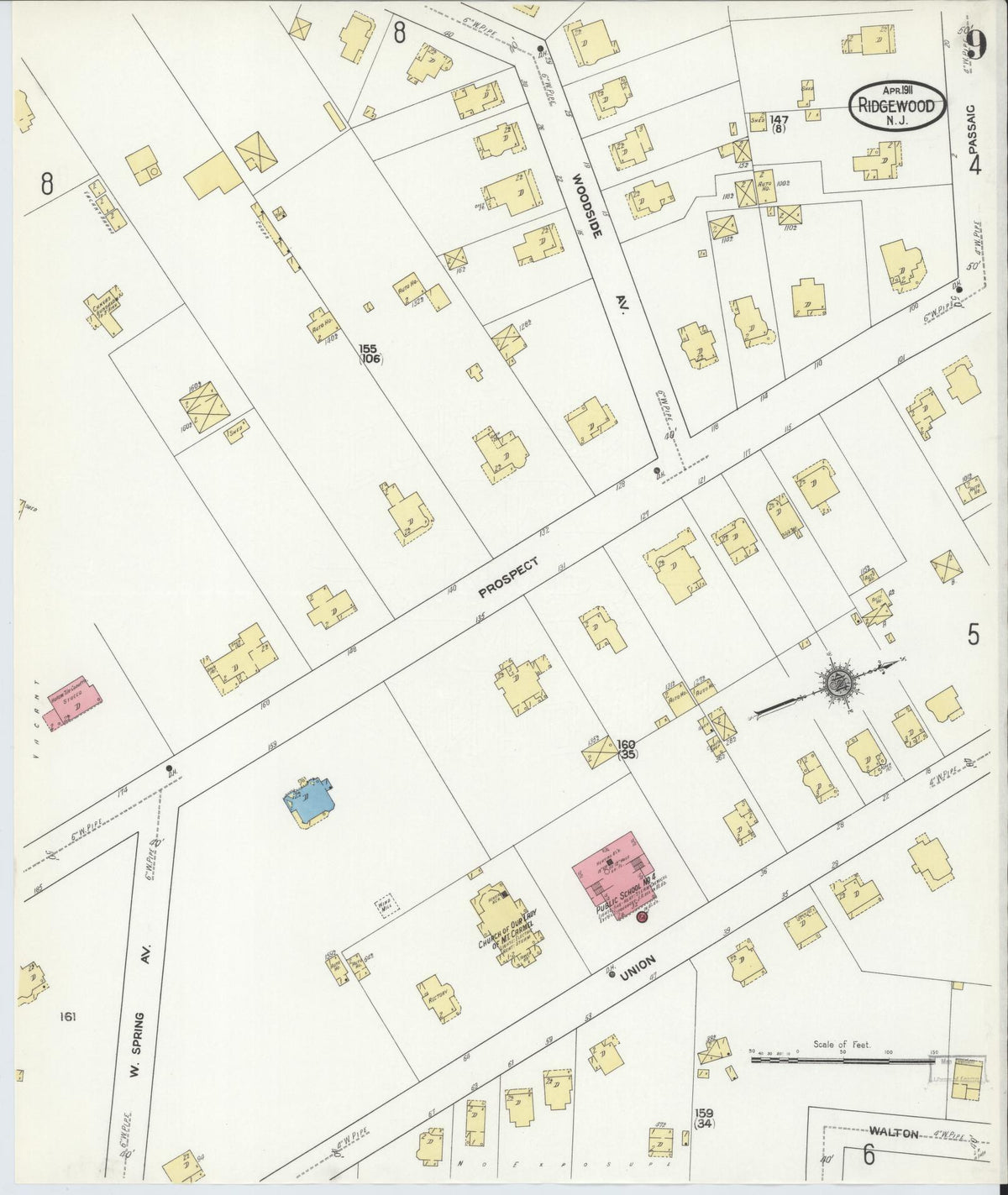 Sanborn Fire Insurance Map from Ridgewood, Bergen County, New Jersey (1911), Sheet #0009 - Historic Sanborn Fire Insurance Map Print, vintage old map wall art, antique decor, genealogy gift, New Jersey New Jersey map