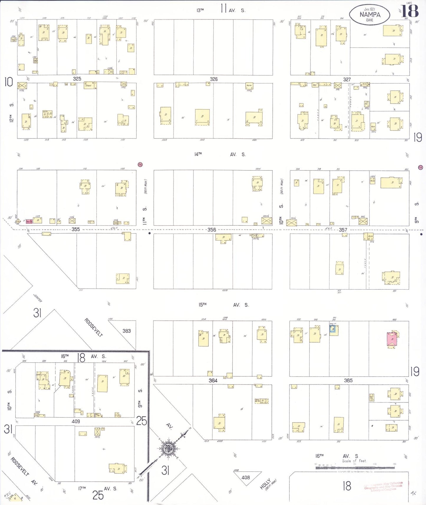 Sanborn Fire Insurance Map from Nampa, Canyon County, Idaho (1921), Sheet #0018 - Historic Sanborn Fire Insurance Map Print, vintage old map wall art, antique decor, genealogy gift, Idaho Idaho map