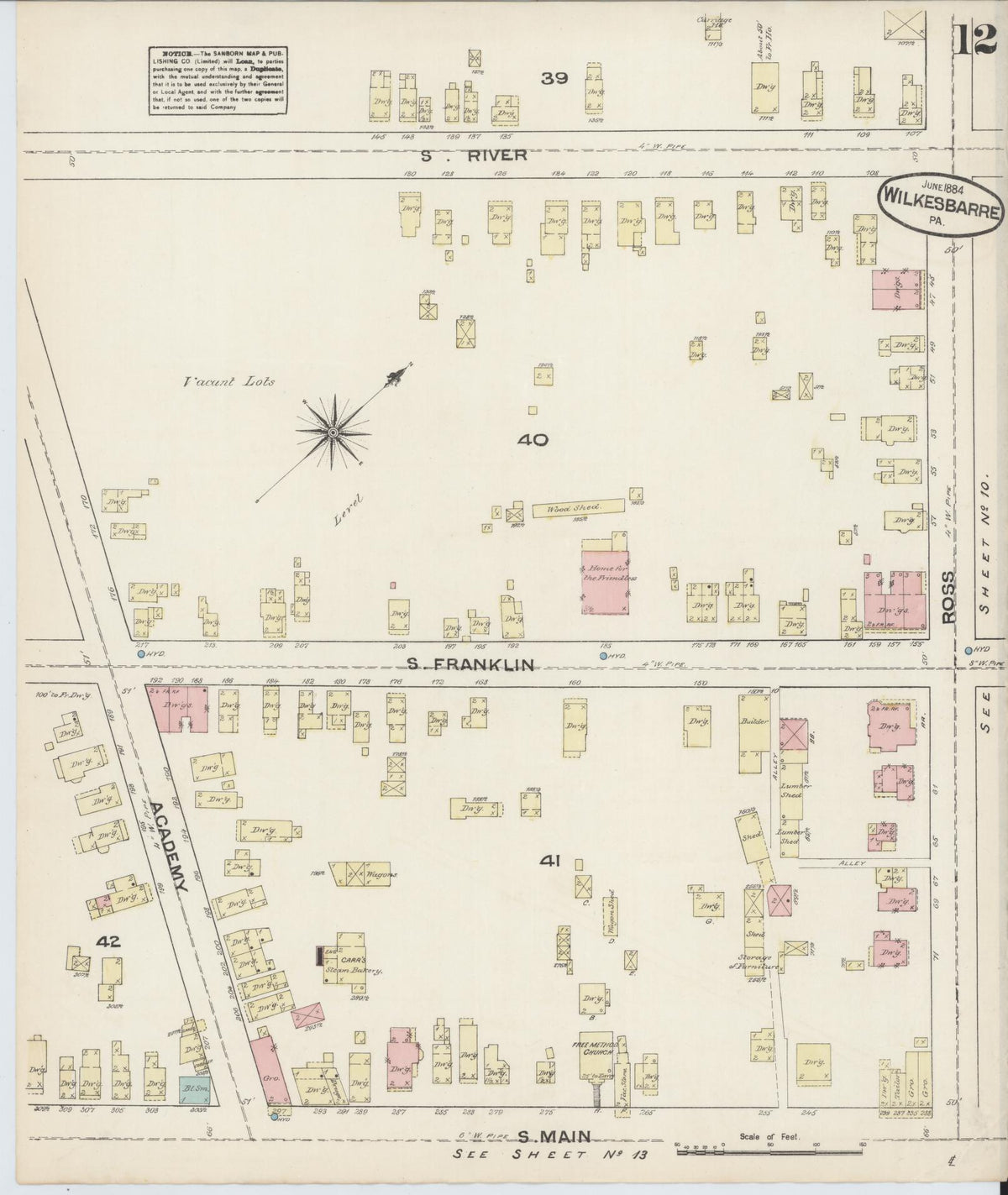 Sanborn Fire Insurance Map from Wilkes Barre, Luzerne County, Pennsylvania (1884), Sheet #0012 - Historic Sanborn Fire Insurance Map Print, vintage old map wall art, antique decor, genealogy gift, Pennsylvania Pennsylvania map