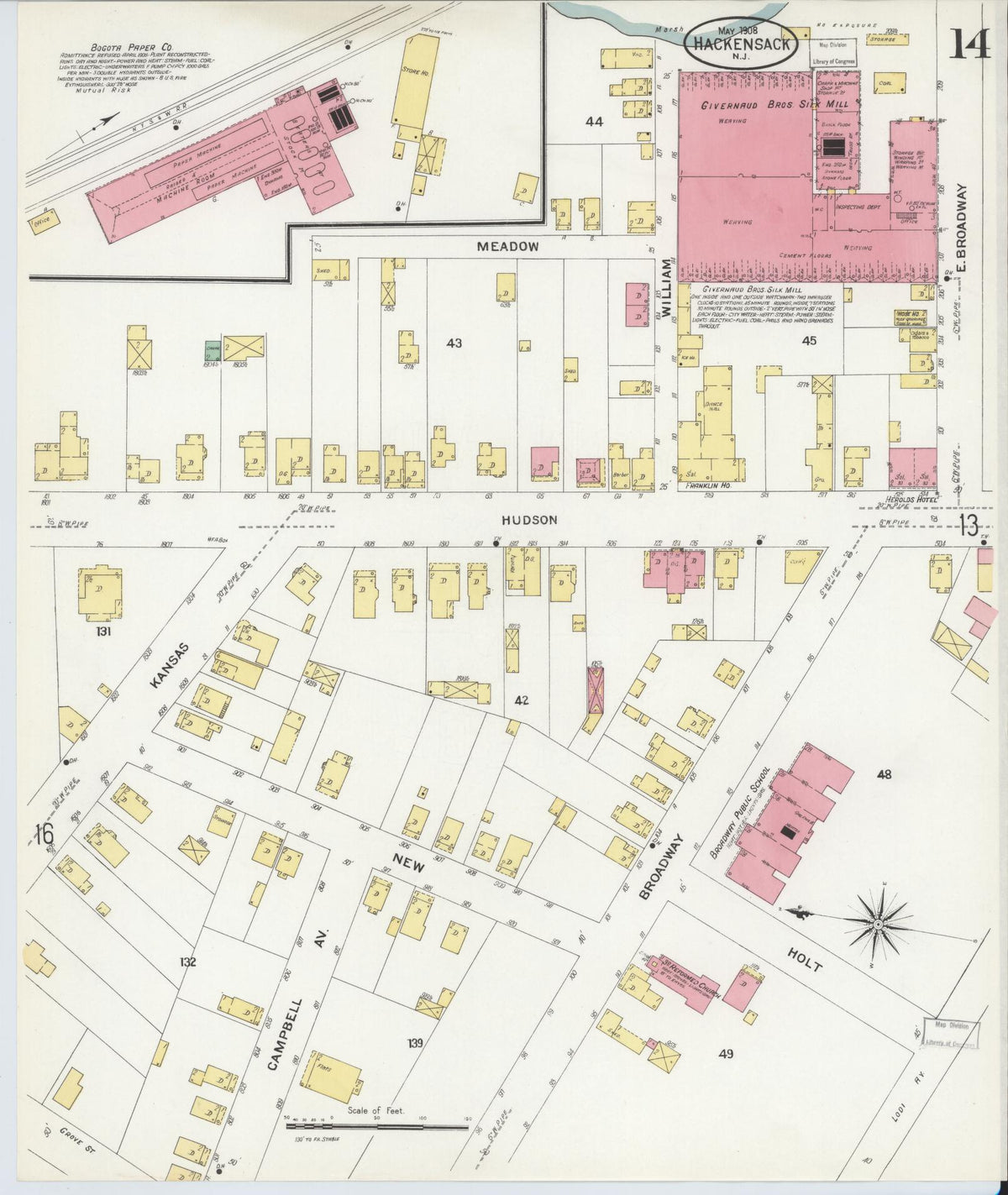 Sanborn Fire Insurance Map from Hackensack, Bergen County, New Jersey (1908), Sheet #0014 - Historic Sanborn Fire Insurance Map Print, vintage old map wall art, antique decor, genealogy gift, New Jersey New Jersey map