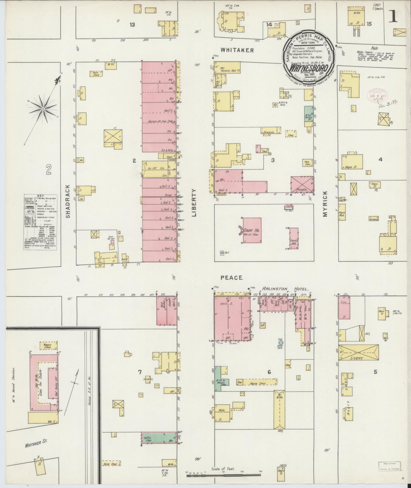 Sanborn Fire Insurance Map from Waynesboro, Burke County, Georgia (1895), Sheet #0001 - Historic Sanborn Fire Insurance Map Print, vintage old map wall art, antique decor, genealogy gift, Georgia Georgia map