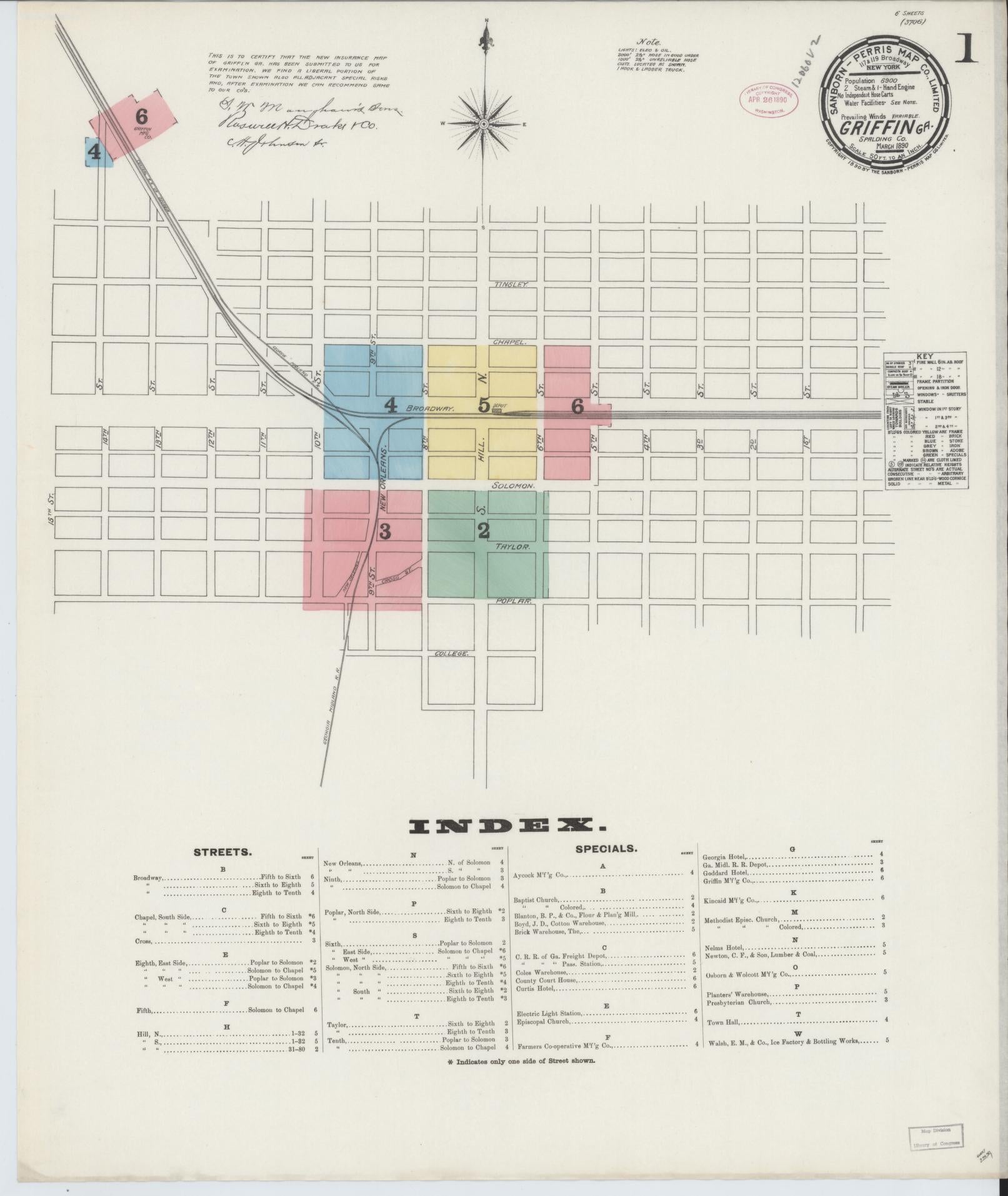 Sanborn Fire Insurance Map from Griffin, Spalding County, Georgia (1890), Sheet #0001 - Complete Map Set gallery image, historic Sanborn map, vintage wall art, Georgia Georgia