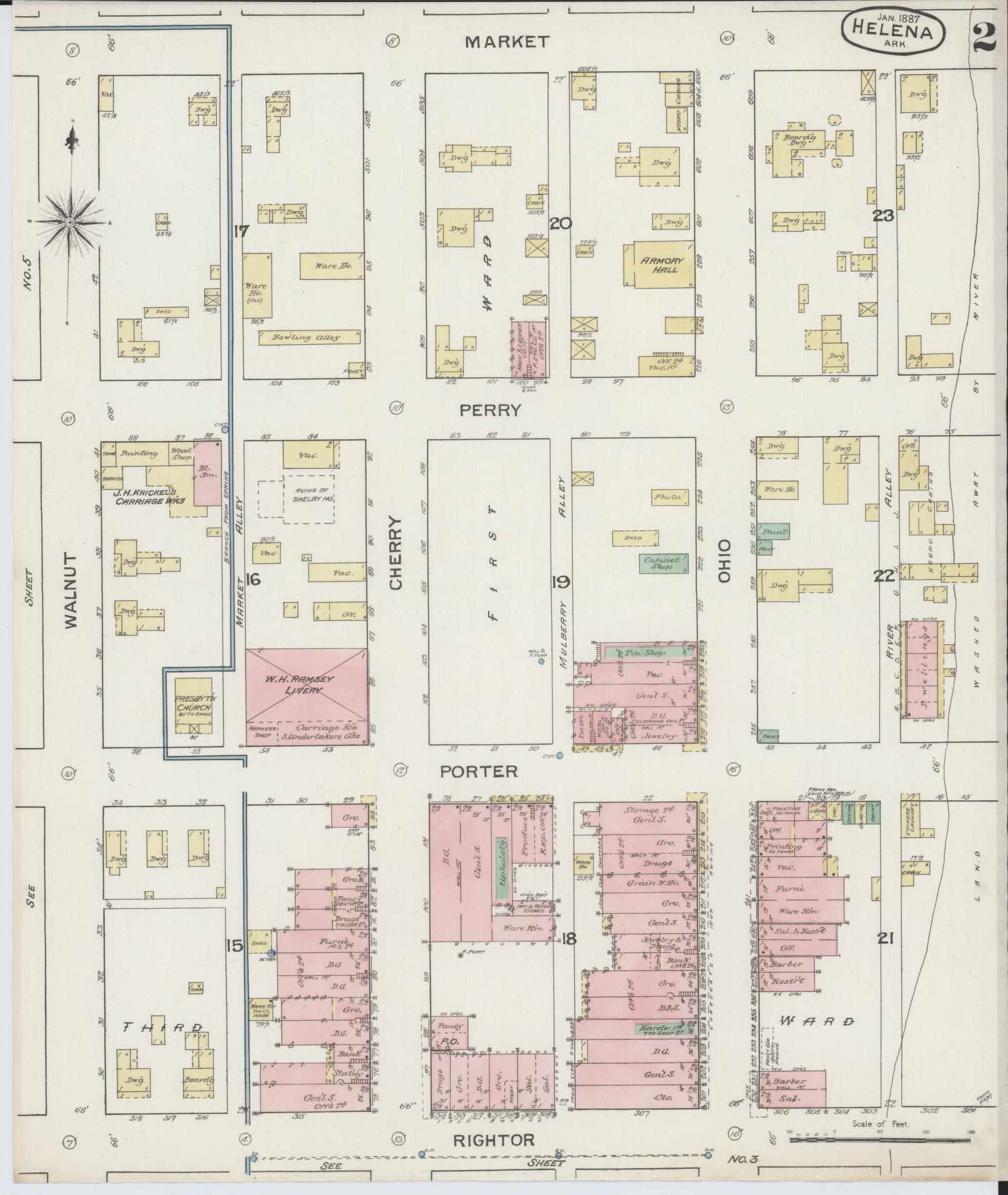 Sanborn Fire Insurance Map from Helena, Phillips County, Arkansas (1887), Sheet #0002 - Historic Sanborn Fire Insurance Map Print, vintage old map wall art, antique decor, genealogy gift, Arkansas Arkansas map