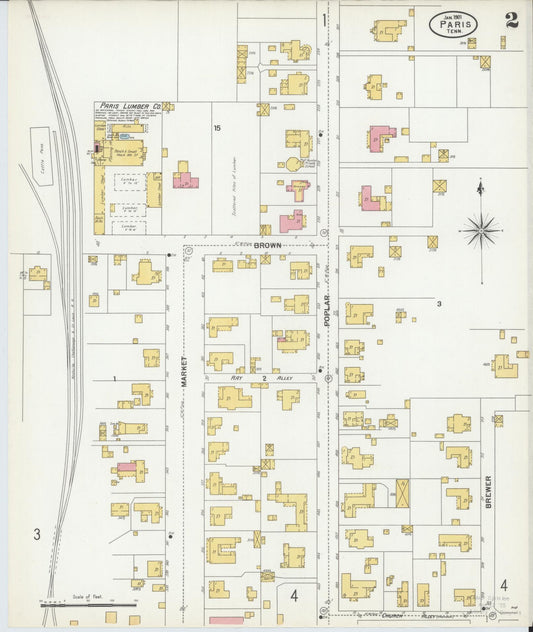 Sanborn Fire Insurance Map from Paris, Henry County, Tennessee (1901), Sheet #0002 - Historic Sanborn Fire Insurance Map Print, vintage old map wall art, antique decor, genealogy gift, Tennessee Tennessee map