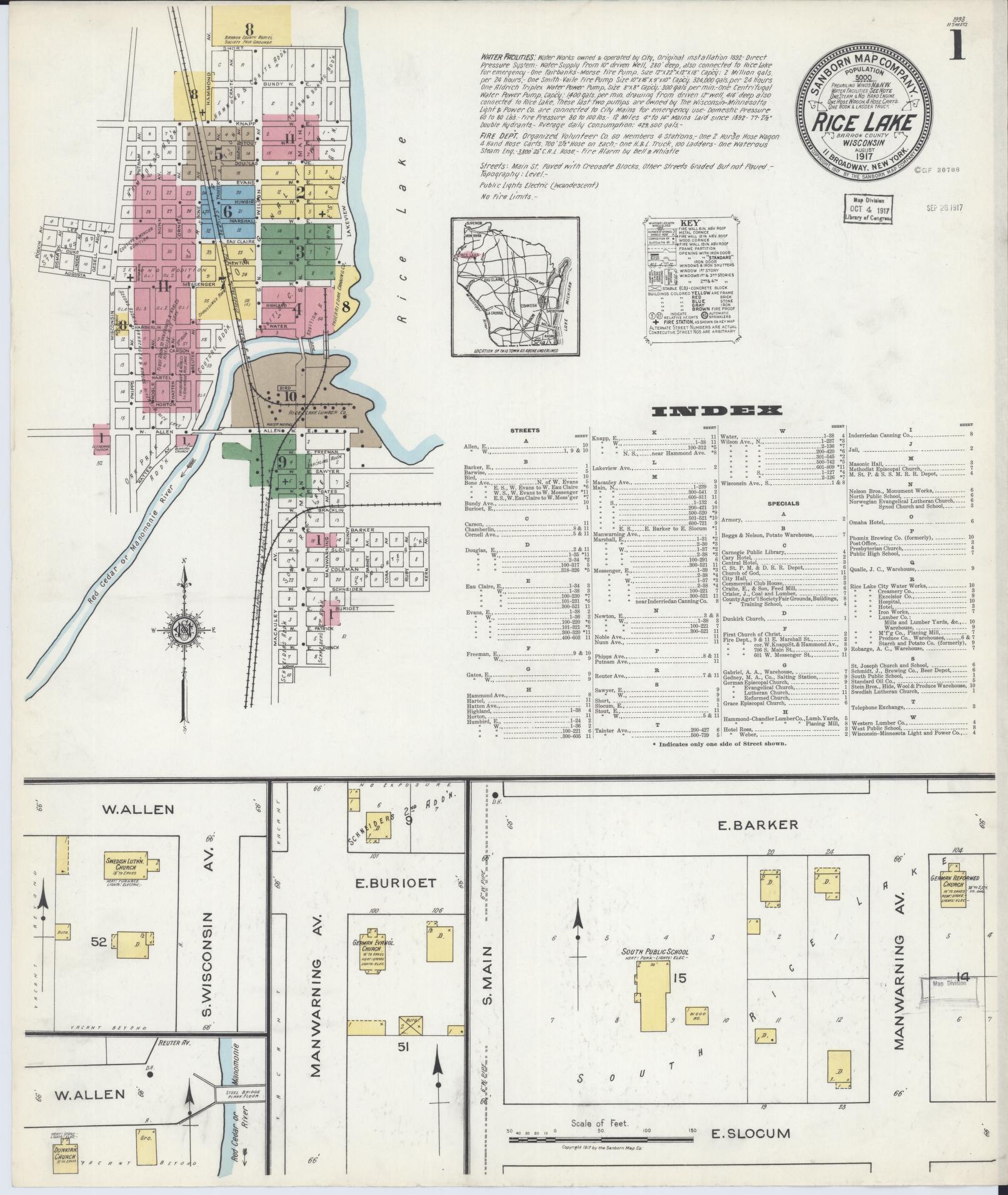 Sanborn Fire Insurance Map from Rice Lake, Barron County, Wisconsin (1917), Sheet #0001 - Complete Map Set gallery image, historic Sanborn map, vintage wall art, Wisconsin Wisconsin