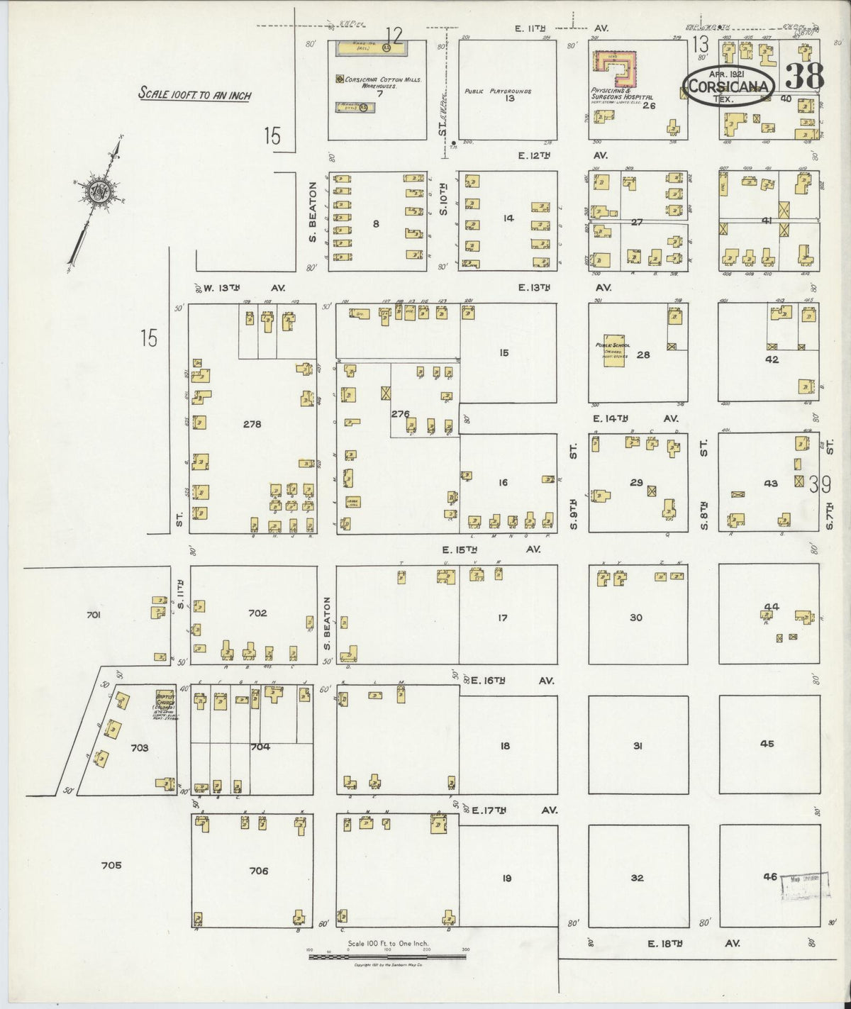 Sanborn Fire Insurance Map from Corsicana, Navarro County, Texas (1921), Sheet #0038 - Historic Sanborn Fire Insurance Map Print, vintage old map wall art, antique decor, genealogy gift, Texas Texas map