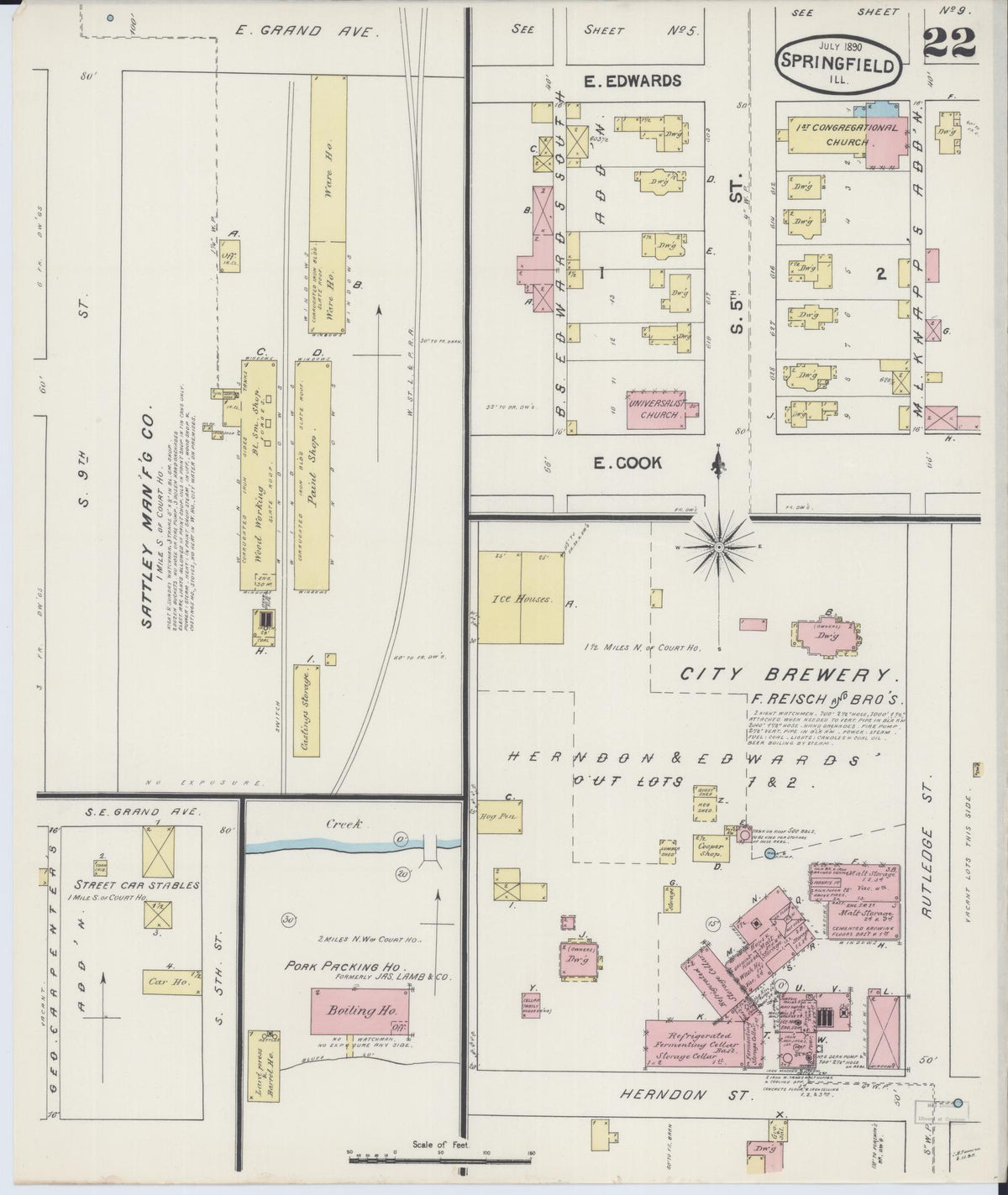 Sanborn Fire Insurance Map from Springfield, Sangamon County, Illinois (1890), Sheet #0022 - Historic Sanborn Fire Insurance Map Print, vintage old map wall art, antique decor, genealogy gift, Illinois Illinois map