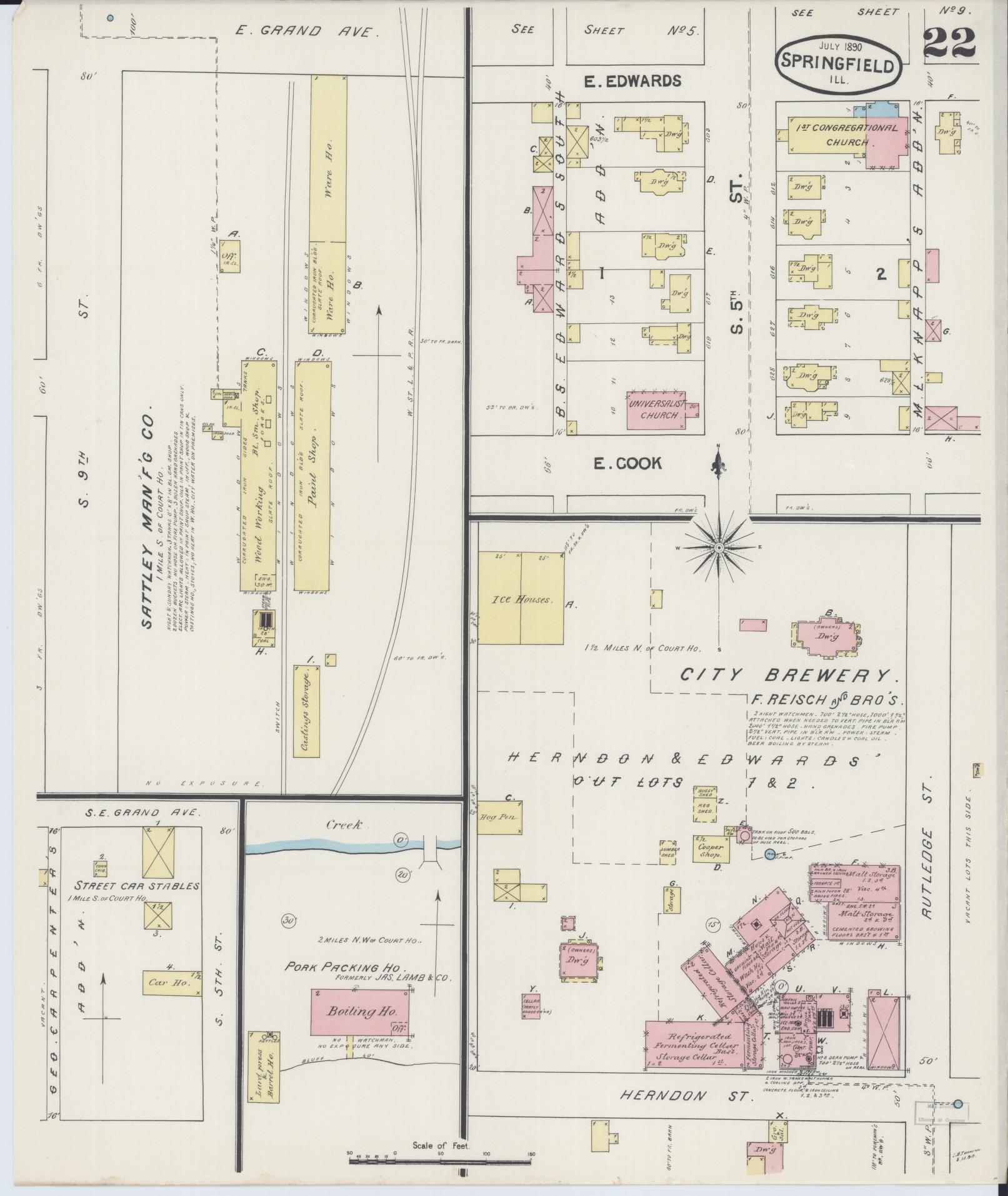 Sanborn Fire Insurance Map from Springfield, Sangamon County, Illinois (1890), Sheet #0022 - Historic Sanborn Fire Insurance Map Print, vintage old map wall art, antique decor, genealogy gift, Illinois Illinois map