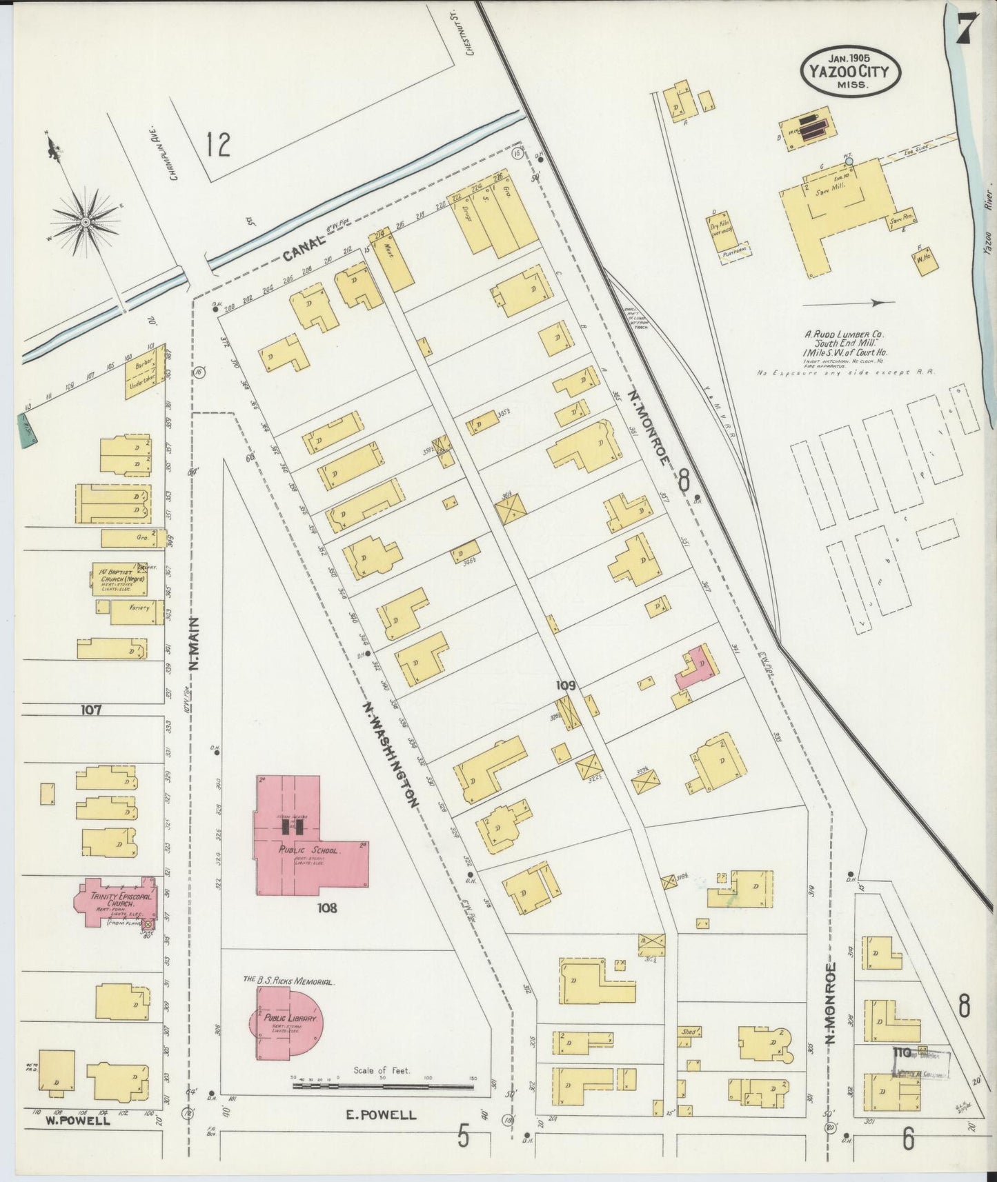 Sanborn Fire Insurance Map from Yazoo City, Yazoo County, Mississippi (1905), Sheet #0007 - Complete Map Set gallery image, historic Sanborn map, vintage wall art, Mississippi Mississippi
