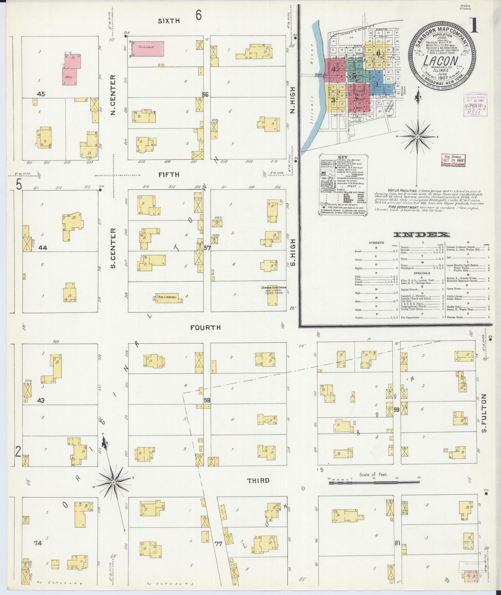 Sanborn Fire Insurance Map from Lacon, Marshall County, Illinois (1907), Sheet #0001 - Complete Map Set gallery image, historic Sanborn map, vintage wall art, Illinois Illinois