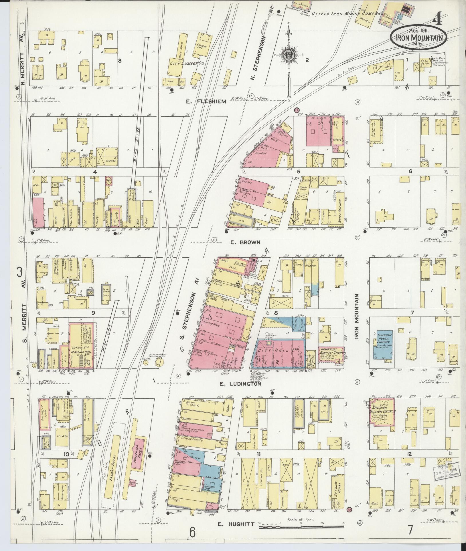 Sanborn Fire Insurance Map from Iron Mountain, Dickinson County, Michigan (1911), Sheet #0004 - Complete Map Set gallery image, historic Sanborn map, vintage wall art, Michigan Michigan