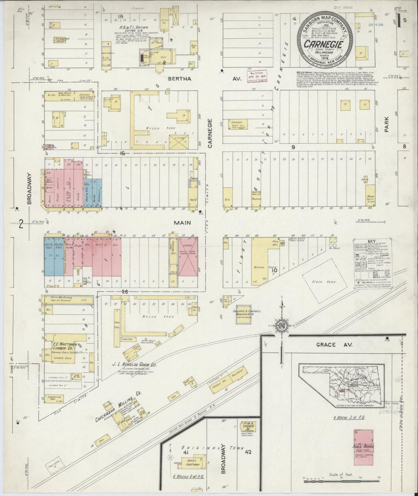 Sanborn Fire Insurance Map from Carnegie, Caddo County, Oklahoma. (1914) – Historic Sanborn Fire Insurance Map Print