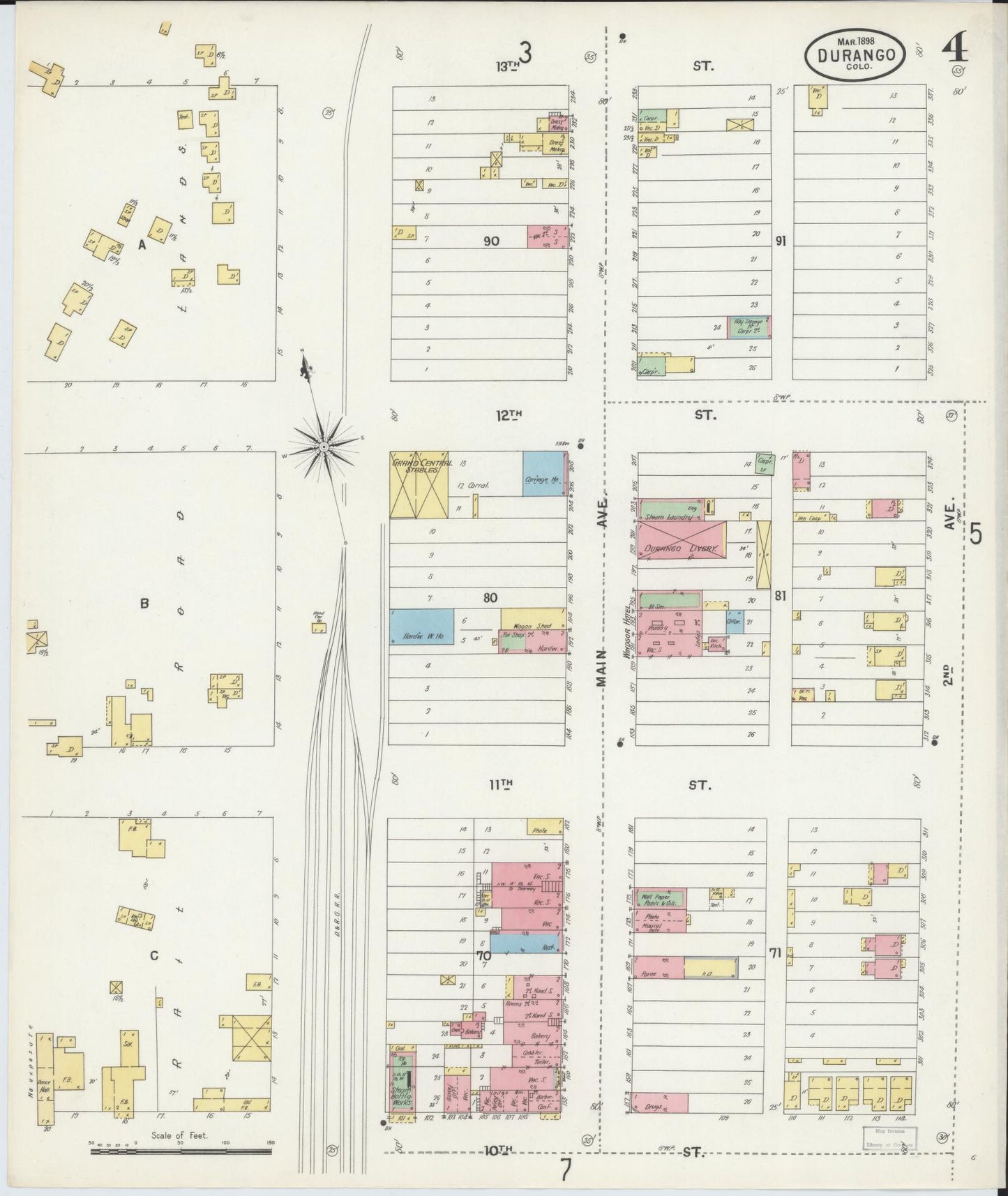 Sanborn Fire Insurance Map from Durango, La Plata County, Colorado (1898), Sheet #0004 - Historic Sanborn Fire Insurance Map Print, vintage old map wall art, antique decor, genealogy gift, Colorado Colorado map