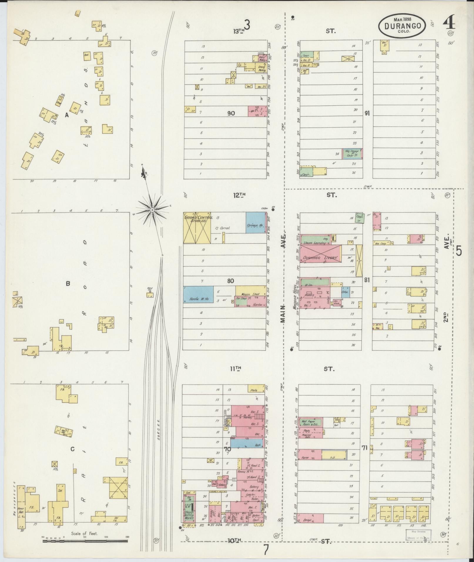Sanborn Fire Insurance Map from Durango, La Plata County, Colorado (1898), Sheet #0004 - Historic Sanborn Fire Insurance Map Print, vintage old map wall art, antique decor, genealogy gift, Colorado Colorado map