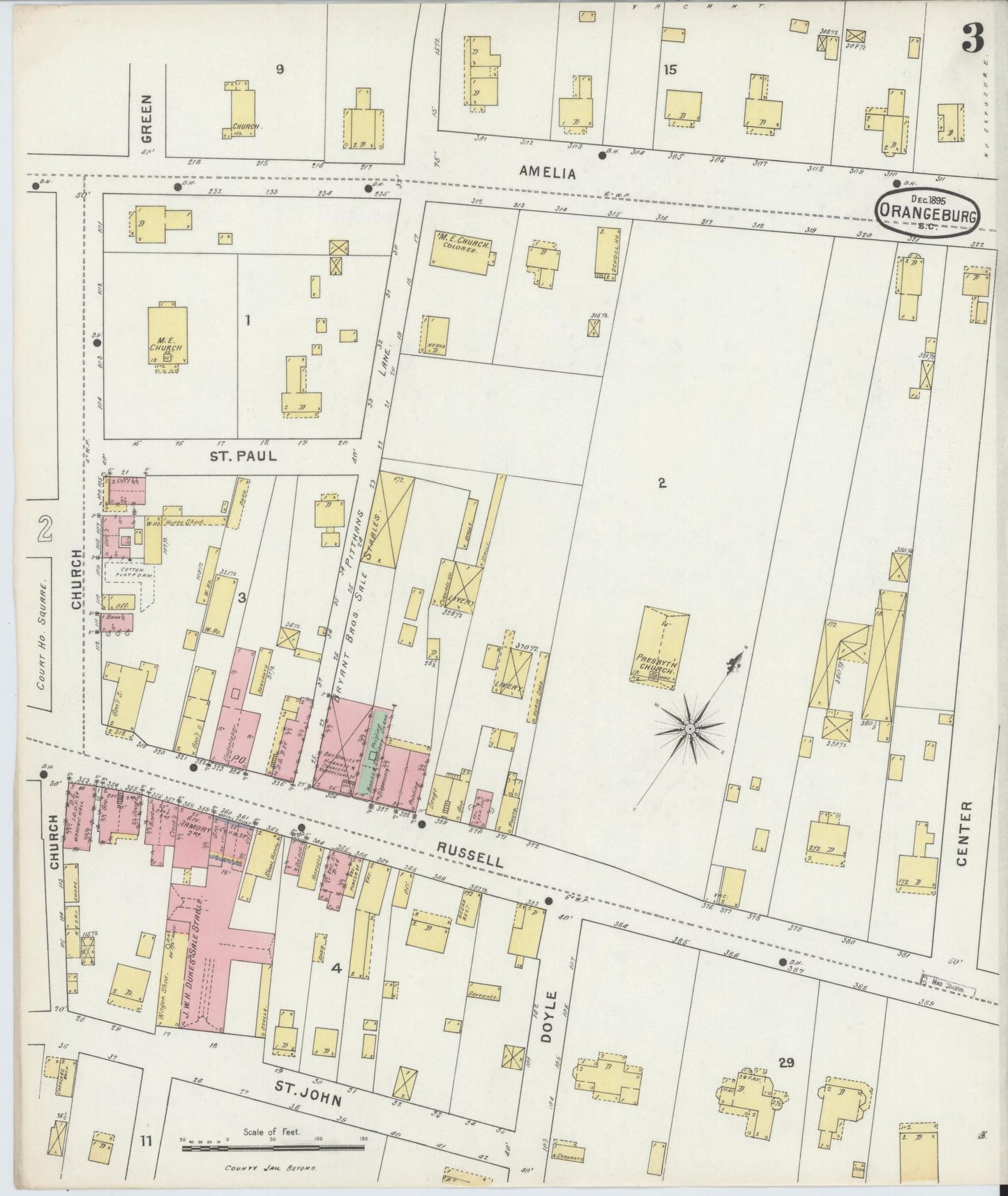 Sanborn Fire Insurance Map from Orangeburg, Orangeburg County, South Carolina (1895), Sheet #0003 - Historic Sanborn Fire Insurance Map Print, vintage old map wall art, antique decor, genealogy gift, South Carolina South Carolina map
