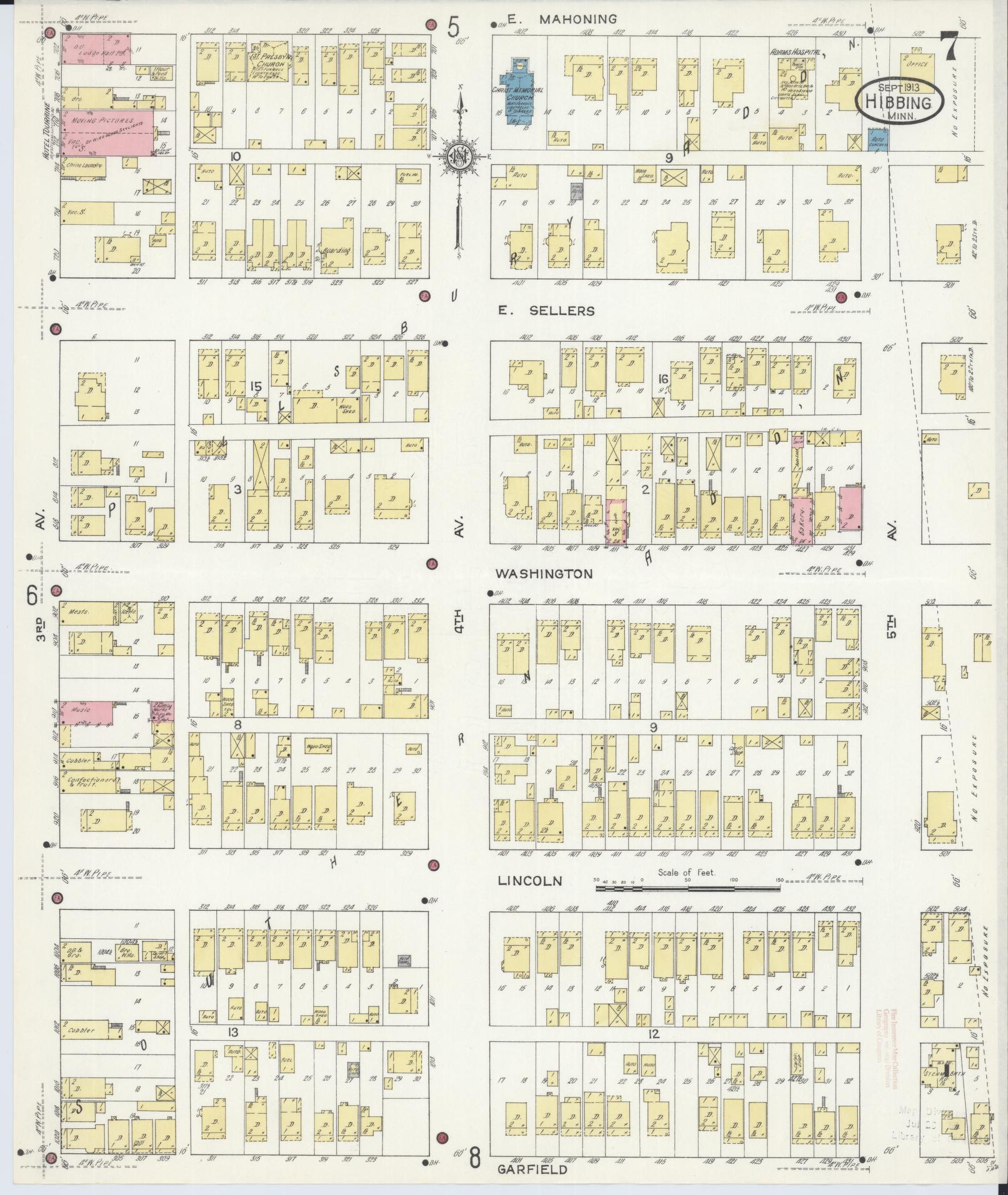 Sanborn Fire Insurance Map from Hibbing, Saint Louis County, Minnesota (1913), Sheet #0007 - Historic Sanborn Fire Insurance Map Print, vintage old map wall art, antique decor, genealogy gift, Minnesota Minnesota map