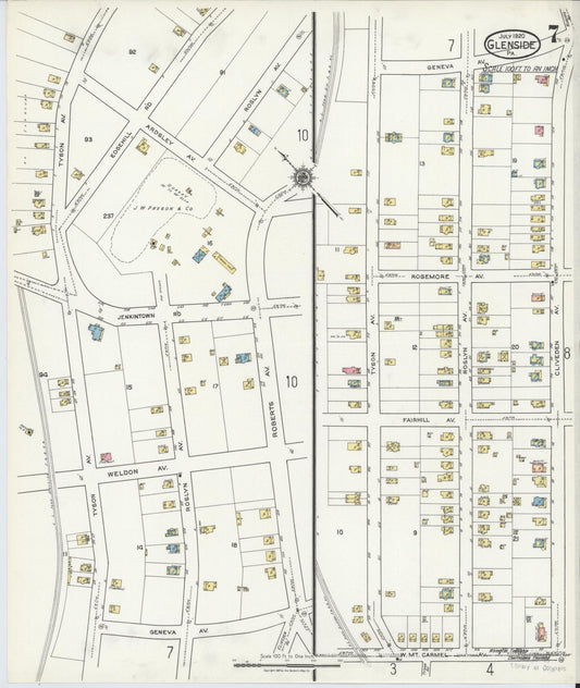 Sanborn Fire Insurance Map from Glenside, Montgomery County, Pennsylvania (1920), Sheet #0007 - Historic Sanborn Fire Insurance Map Print, vintage old map wall art, antique decor, genealogy gift, Pennsylvania Pennsylvania map