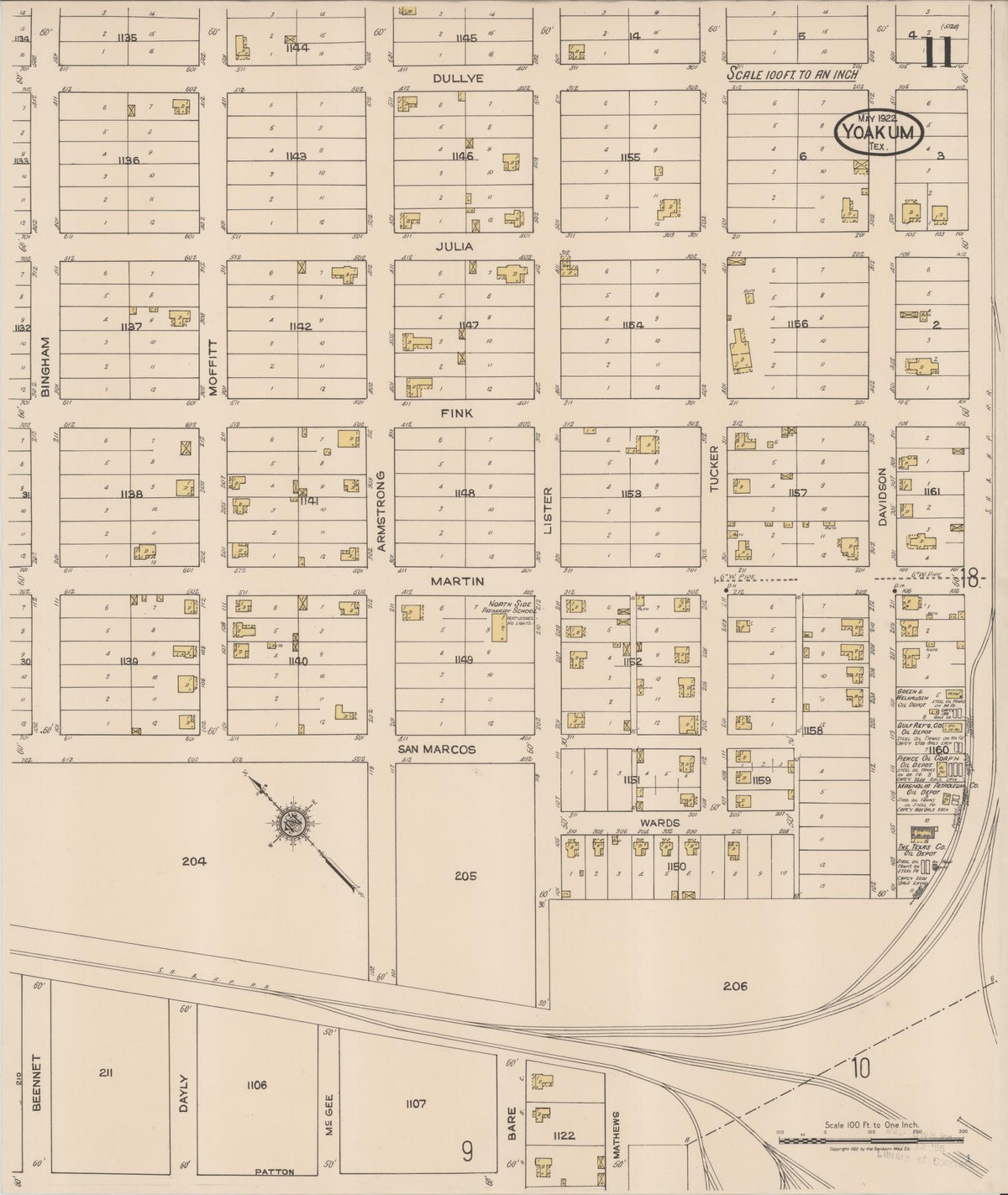 Sanborn Fire Insurance Map from Yoakum, De Witt And Lavaca Counties, Texas (1922), Sheet #0011 - Historic Sanborn Fire Insurance Map Print, vintage old map wall art, antique decor, genealogy gift, Texas Texas map