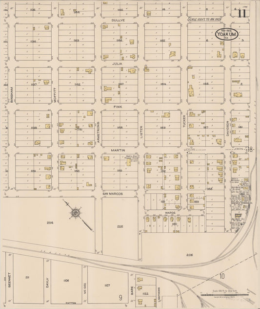 Sanborn Fire Insurance Map from Yoakum, De Witt And Lavaca Counties, Texas (1922), Sheet #0011 - Historic Sanborn Fire Insurance Map Print, vintage old map wall art, antique decor, genealogy gift, Texas Texas map