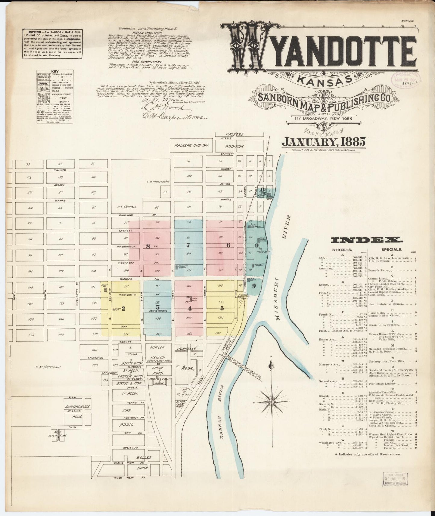 Sanborn Fire Insurance Map from Wyandotte, Wyandotte County, Kansas (1885), Sheet #0001 - Historic Sanborn Fire Insurance Map Print, vintage old map wall art, antique decor, genealogy gift, Kansas Kansas map