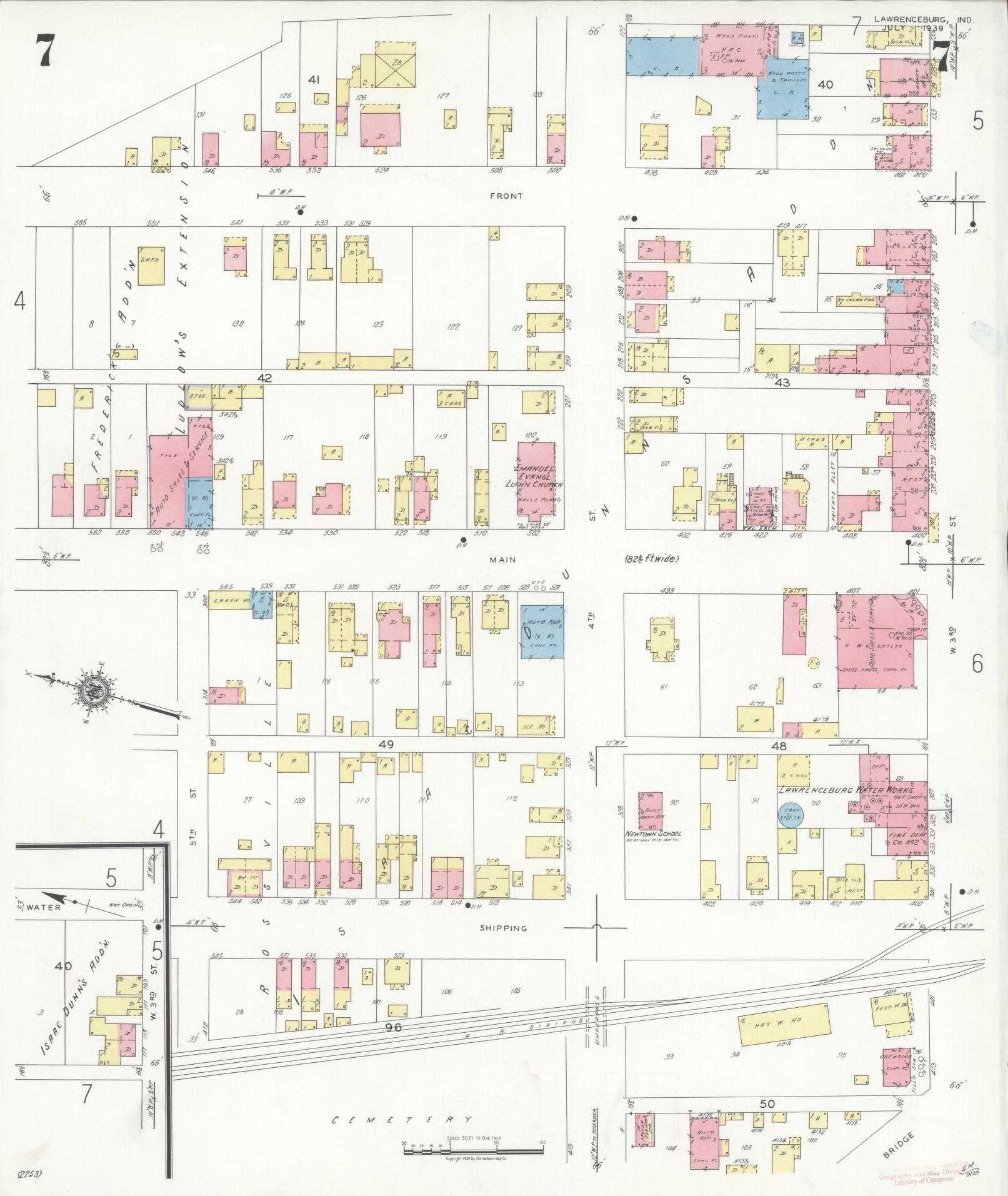 Sanborn Fire Insurance Map from Lawrenceburg, Dearborn County, Indiana (1939), Sheet #0007 - Complete Map Set gallery image, historic Sanborn map, vintage wall art, Indiana Indiana