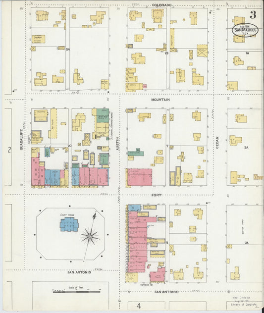 Sanborn Fire Insurance Map from San Marcos, Hays County, Texas (1906), Sheet #0003 - Historic Sanborn Fire Insurance Map Print, vintage old map wall art, antique decor, genealogy gift, Texas Texas map