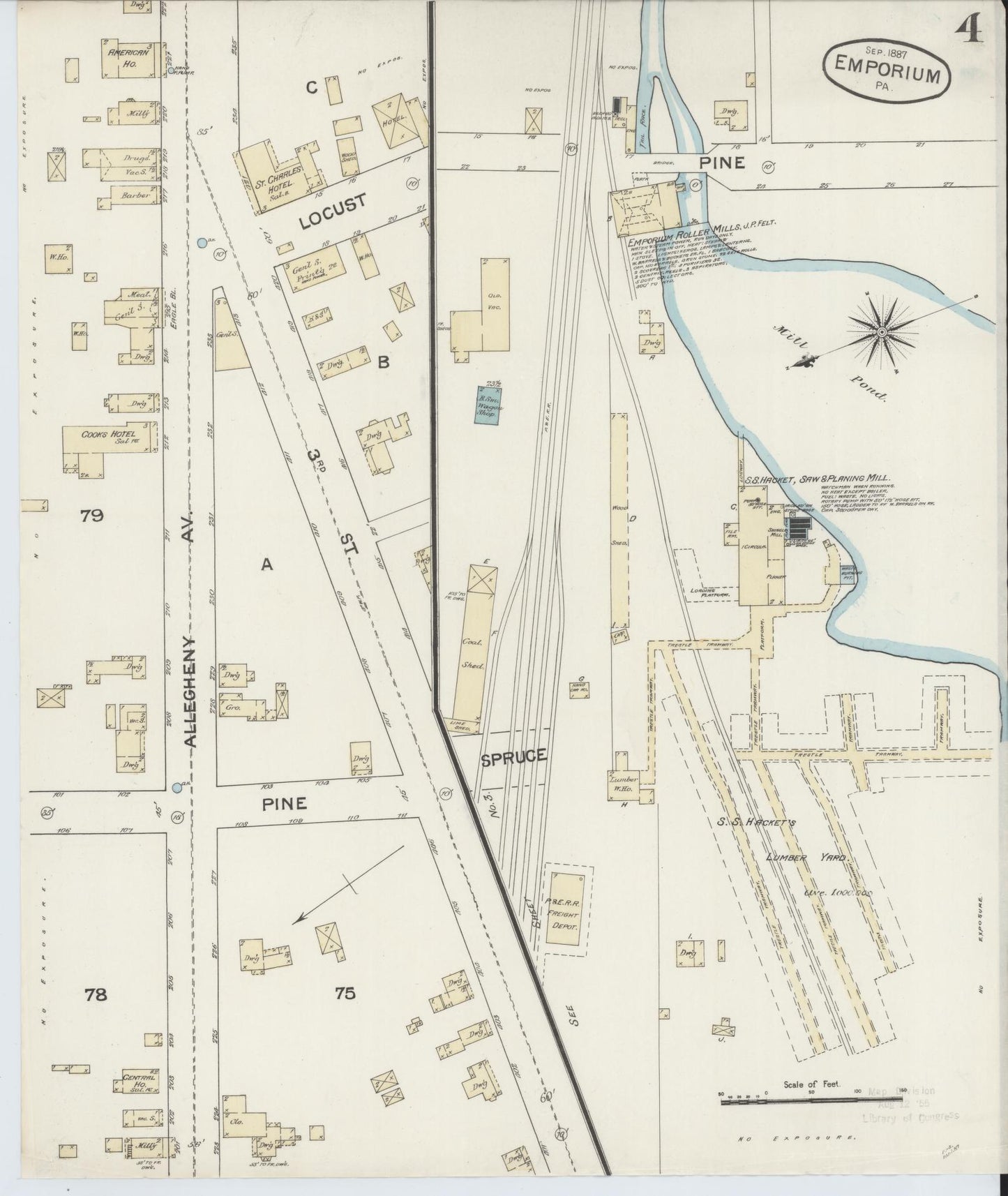Sanborn Fire Insurance Map from Emporium, Cameron County, Pennsylvania (1887), Sheet #0004 - Historic Sanborn Fire Insurance Map Print, vintage old map wall art, antique decor, genealogy gift, Pennsylvania Pennsylvania map