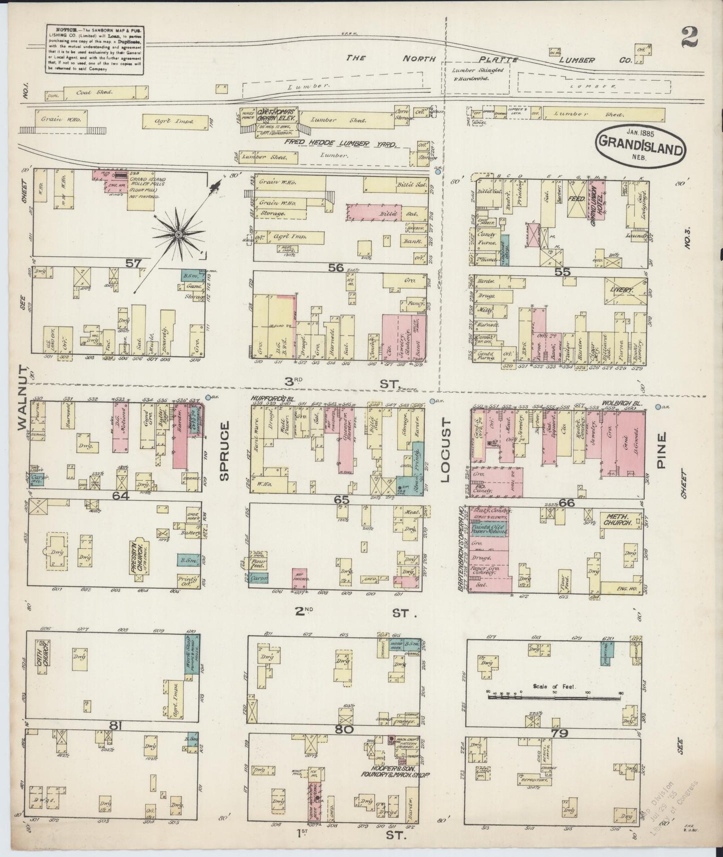 Sanborn Fire Insurance Map from Grand Island, Hall County, Nebraska (1885), Sheet #0002 - Complete Map Set gallery image, historic Sanborn map, vintage wall art, Nebraska Nebraska