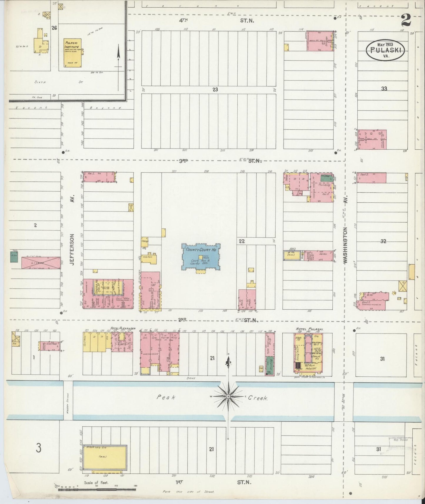 Sanborn Fire Insurance Map from Pulaski, Pulaski County, Virginia (1903), Sheet #0002 - Complete Map Set gallery image, historic Sanborn map, vintage wall art, Virginia Virginia