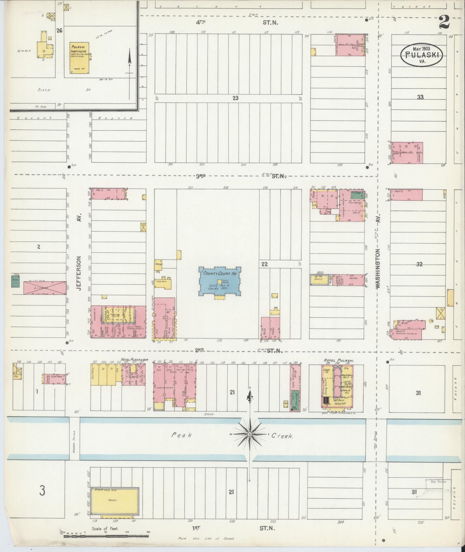 Sanborn Fire Insurance Map from Pulaski, Pulaski County, Virginia (1903), Sheet #0002 - Complete Map Set gallery image, historic Sanborn map, vintage wall art, Virginia Virginia