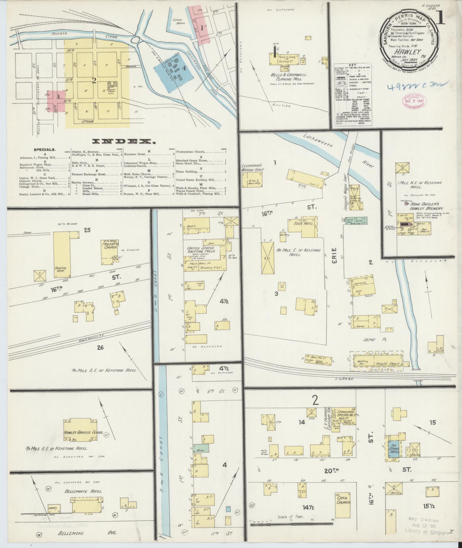 Sanborn Fire Insurance Map from Hawley, Wayne County, Pennsylvania. (1897) – Historic Sanborn Fire Insurance Map Print